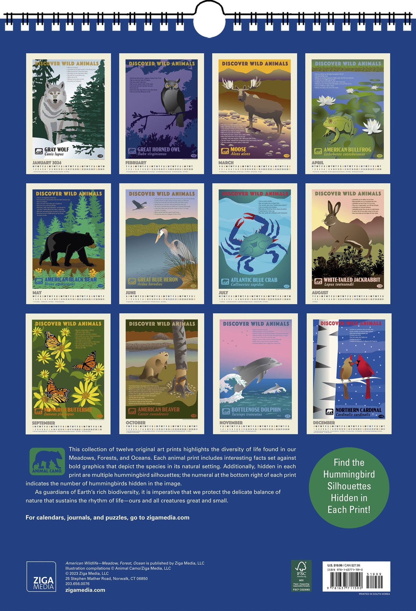 American Wildlife Oversize Wall Calendar 2024, 13.38'' x 19'' Spiral Bound with Hanger