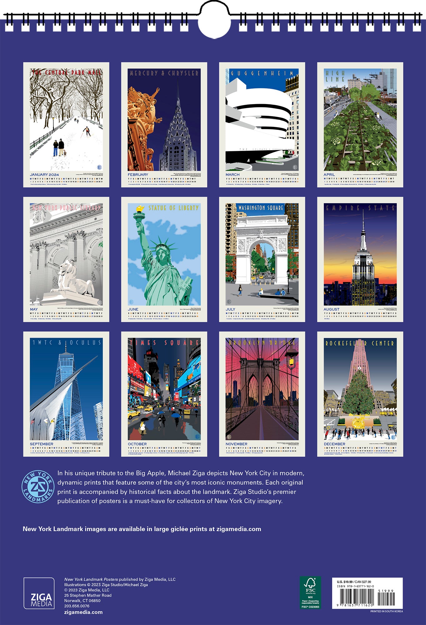 New York Landmarks Oversize Wall Calendar 2024, 13.38'' x 19'' Spiral Bound with Hanger