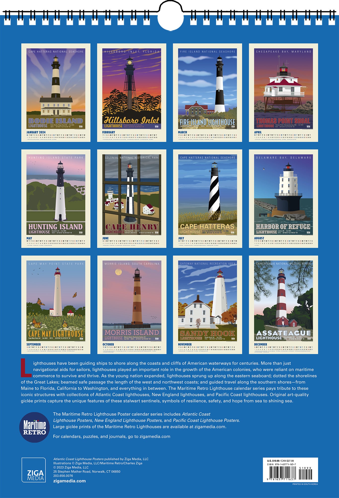 Atlantic Coast Lighthouses Oversize Wall Calendar 2024, 13.38'' x 19'' Spiral Bound with Hanger