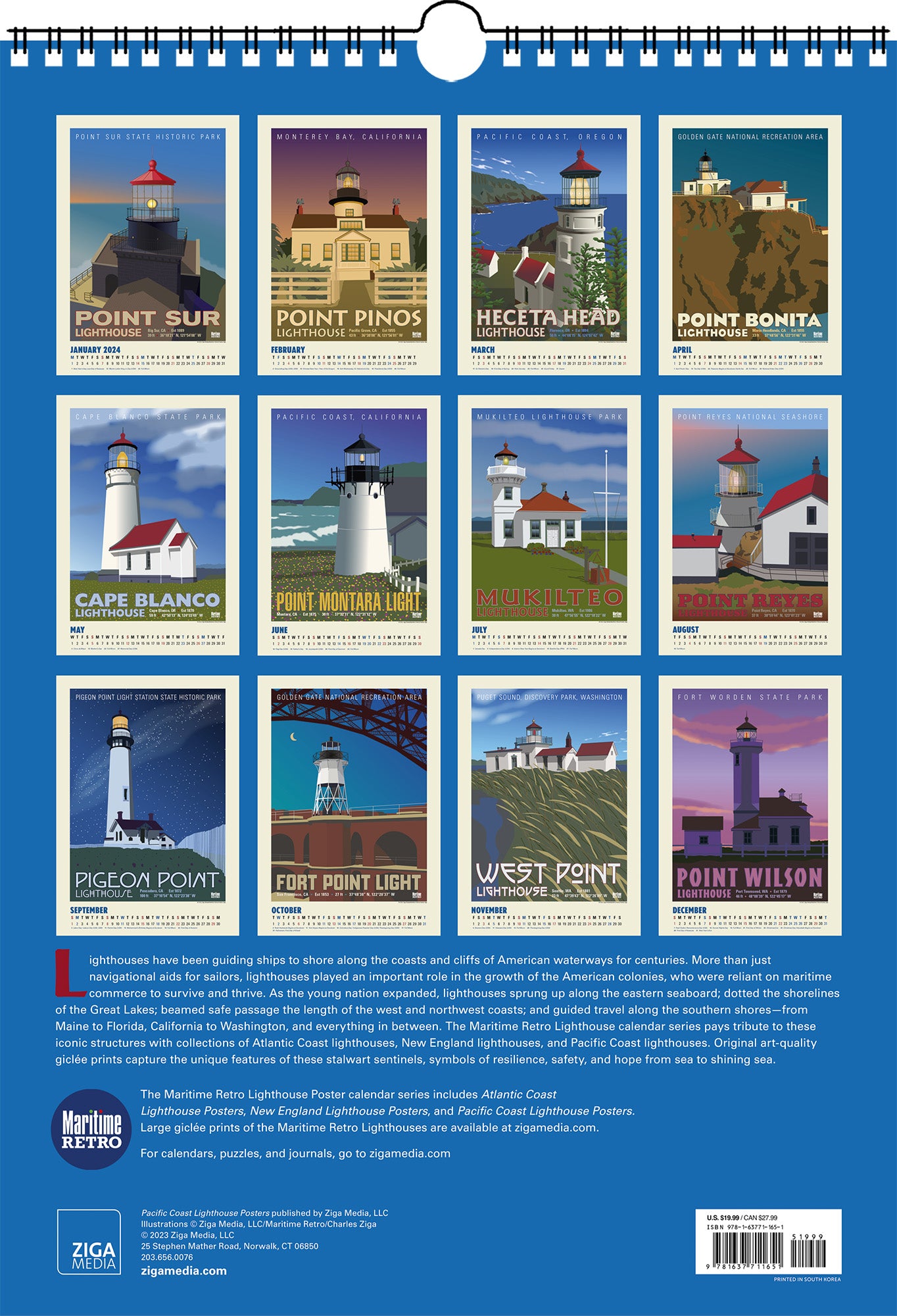 Pacific Coast Lighthouses Oversize Wall Calendar 2024, 13.38'' x 19'' Spiral Bound with Hanger