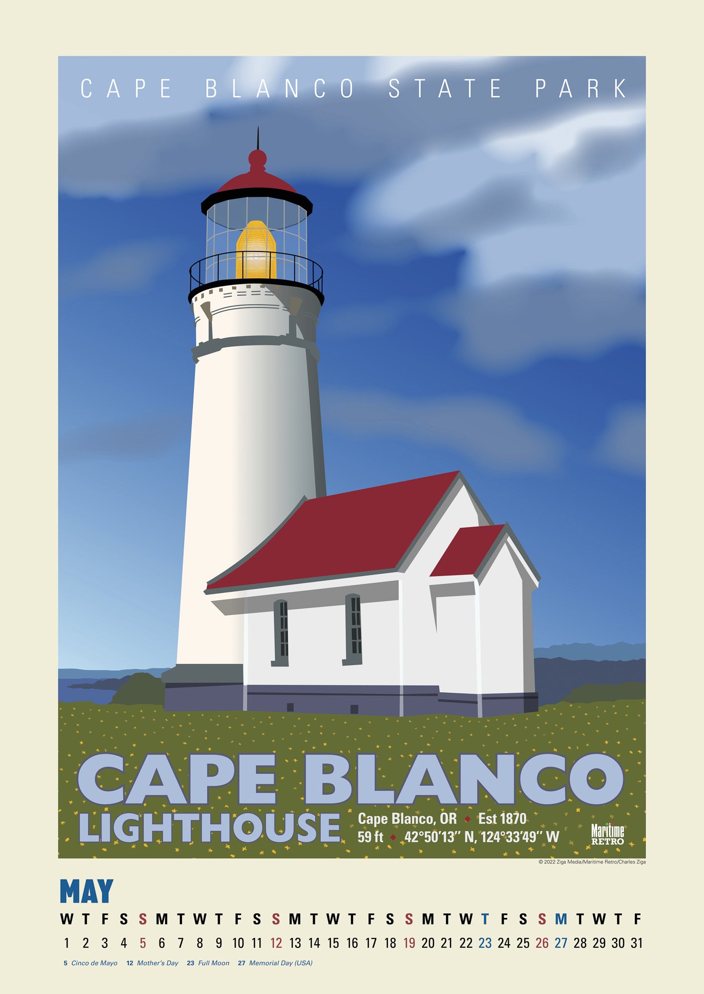 Pacific Coast Lighthouses Oversize Wall Calendar 2024, 13.38'' x 19'' Spiral Bound with Hanger