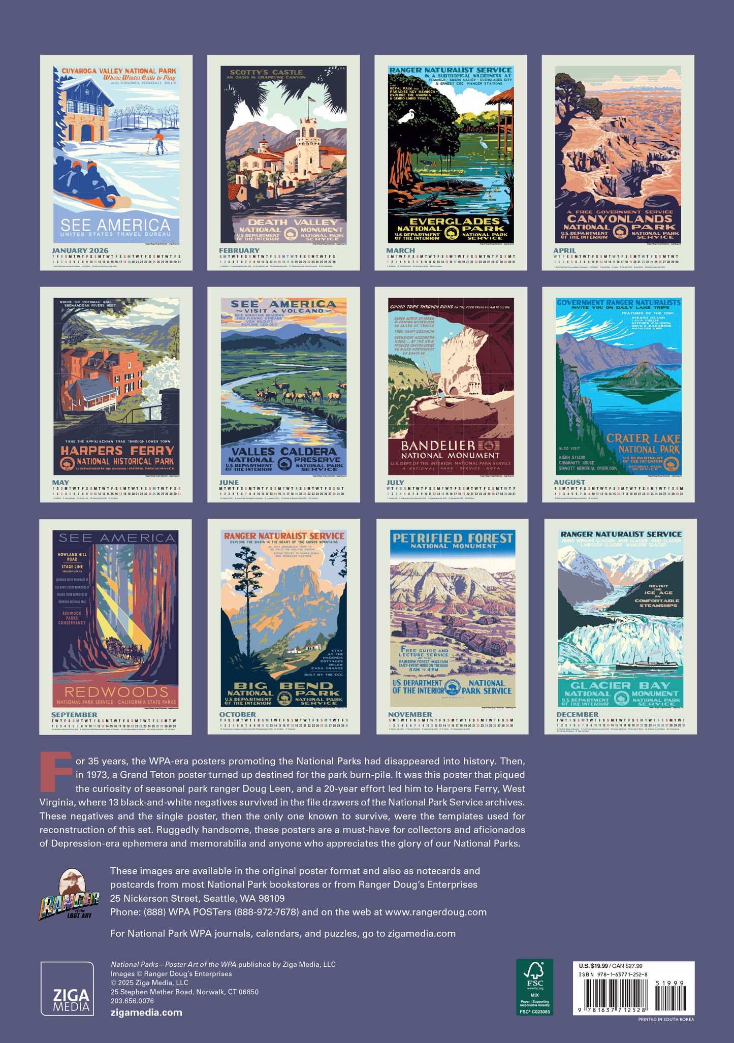 Spiral-bound wall calendar with hanger and park illustrations