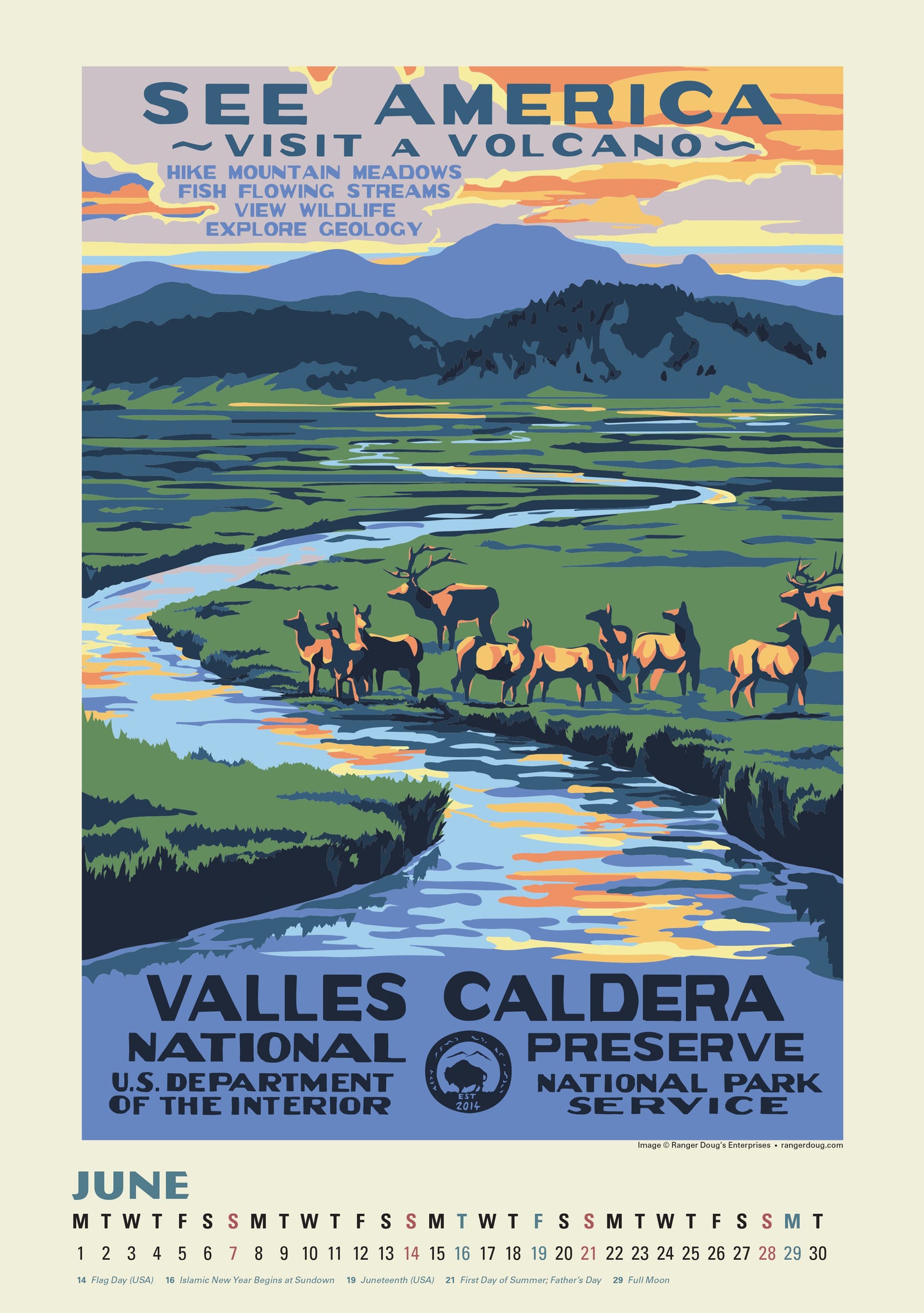 Oversize 13.4" x 19" calendar featuring vintage park posters