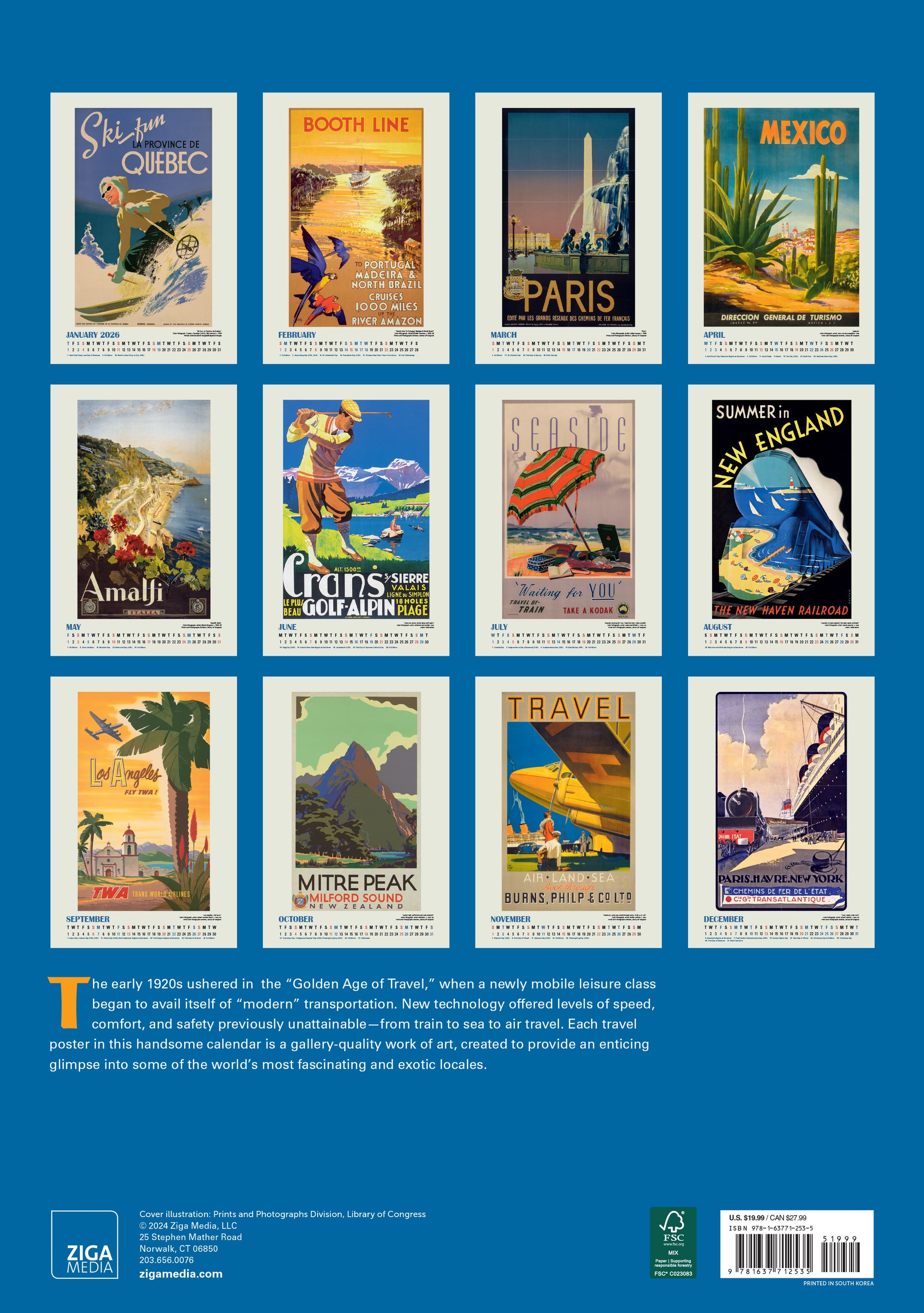2026 travel-themed calendar with hanger, 13.4" x 19"