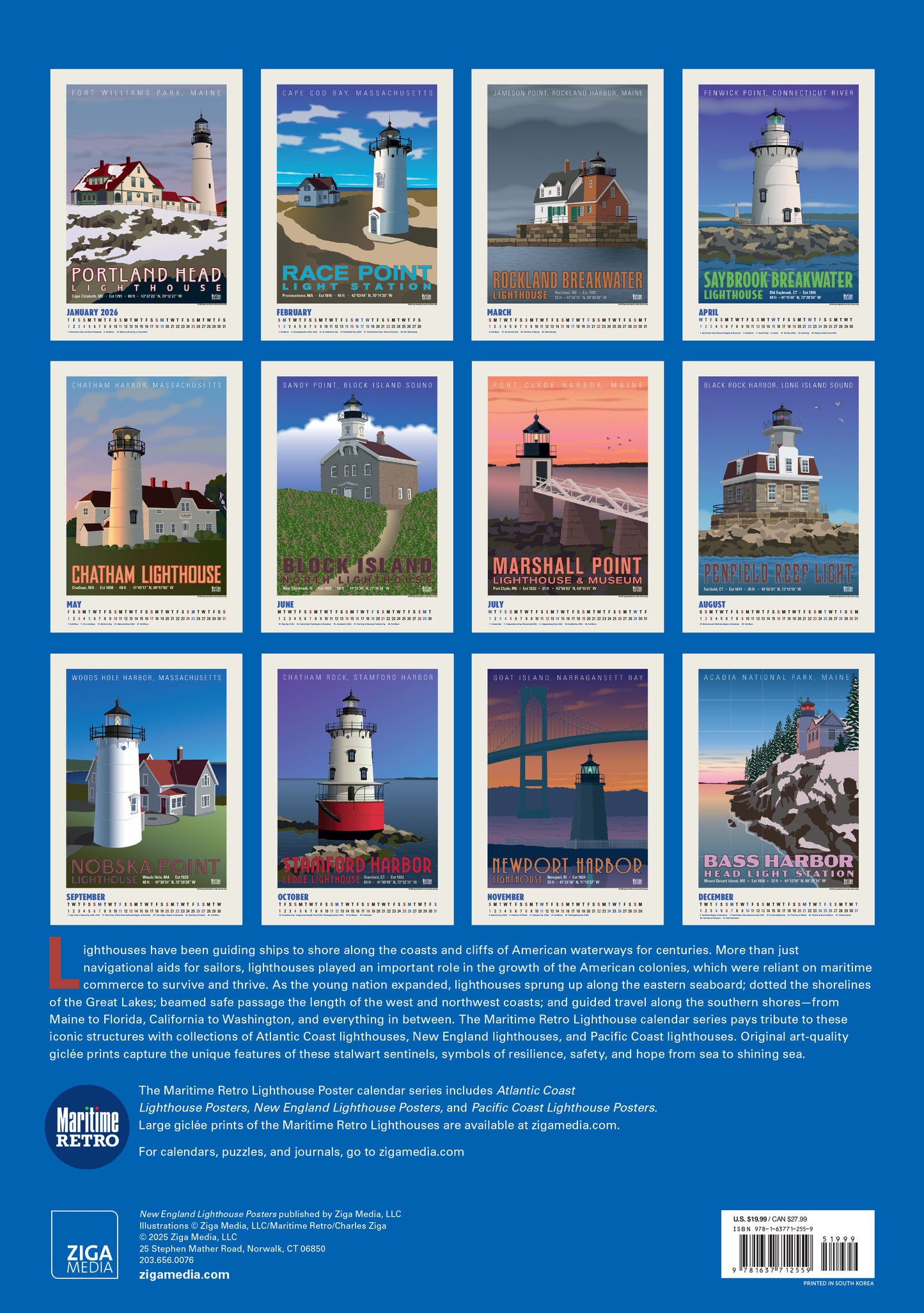 Spiral-bound wall calendar with coastal lighthouse photography