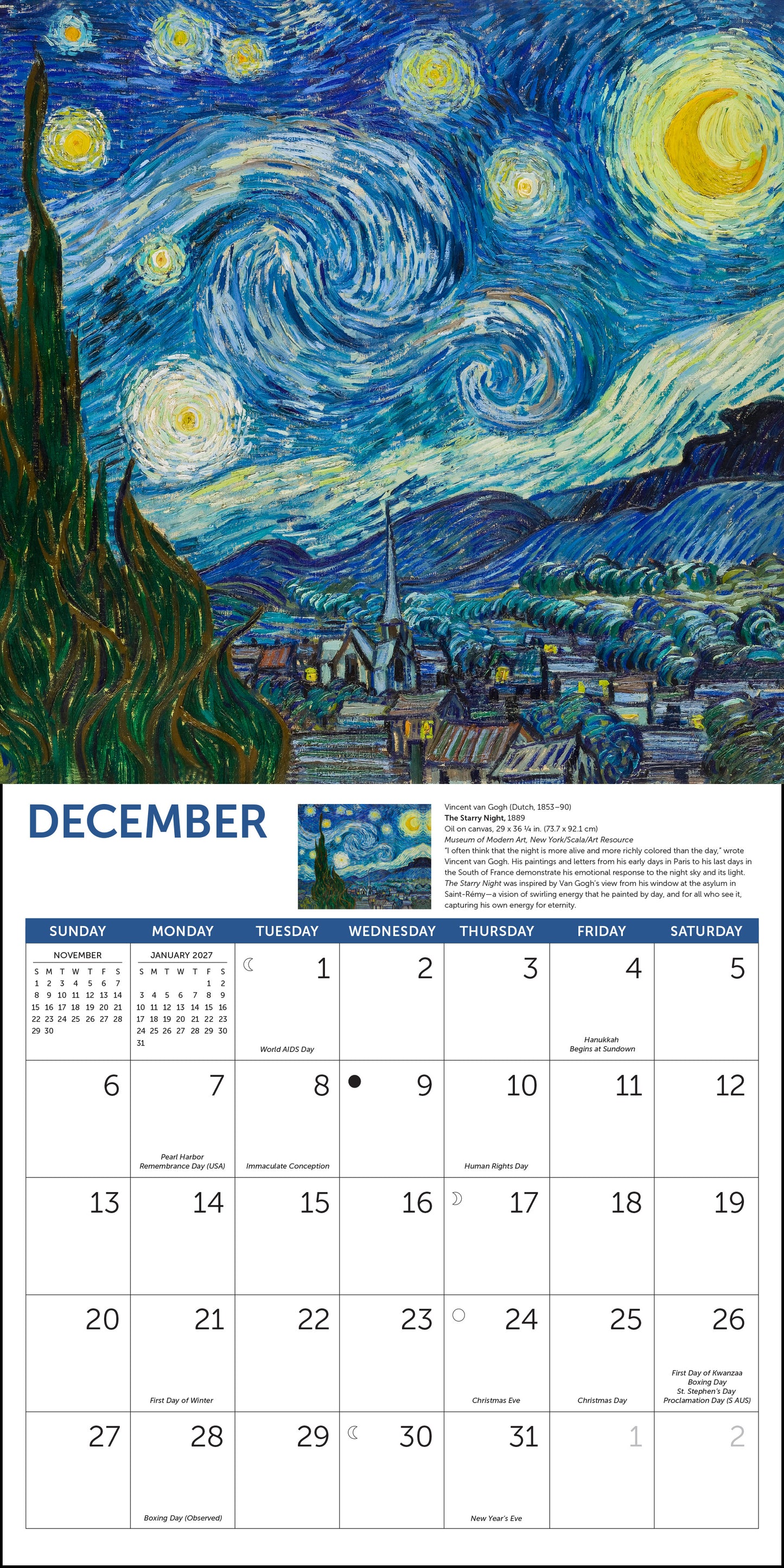 2026 calendar showcasing famous art icons from history