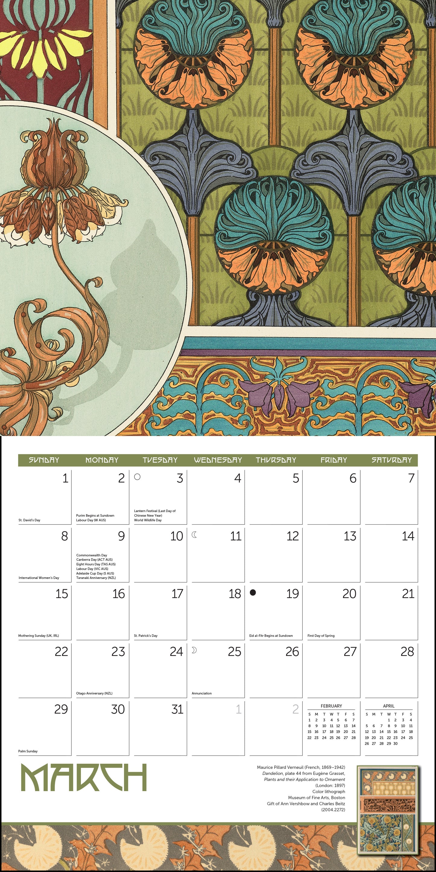 Monthly 2026 calendar featuring ornament art from MFA, Boston