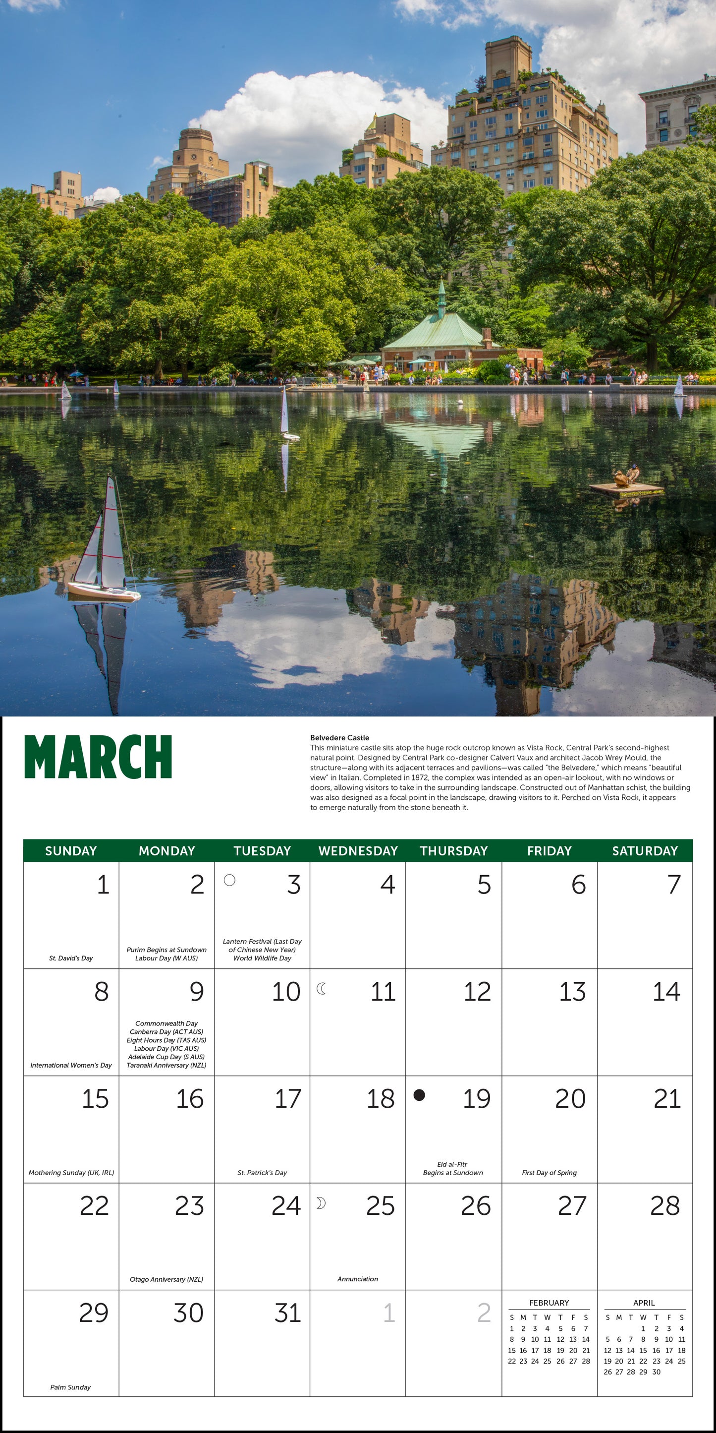 Monthly 2026 calendar featuring Central Park landscapes
