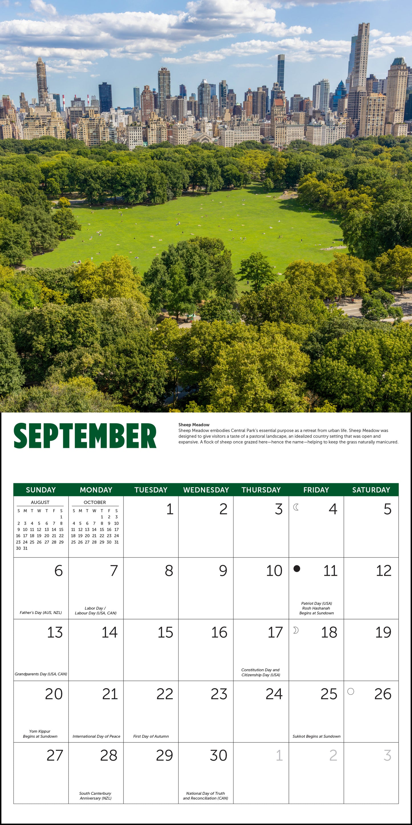Scenic 2026 wall calendar celebrating Central Park, NYC
