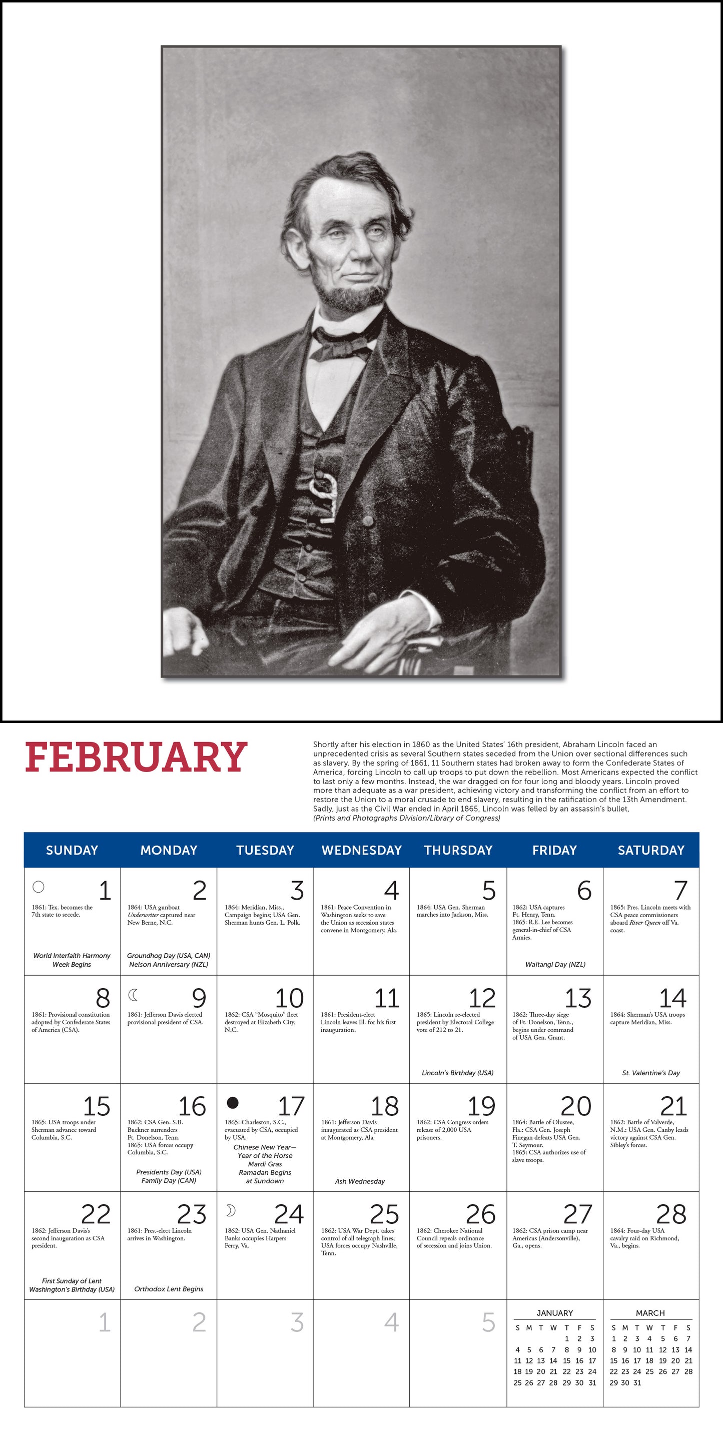 Monthly 2026 calendar with Civil War historical events