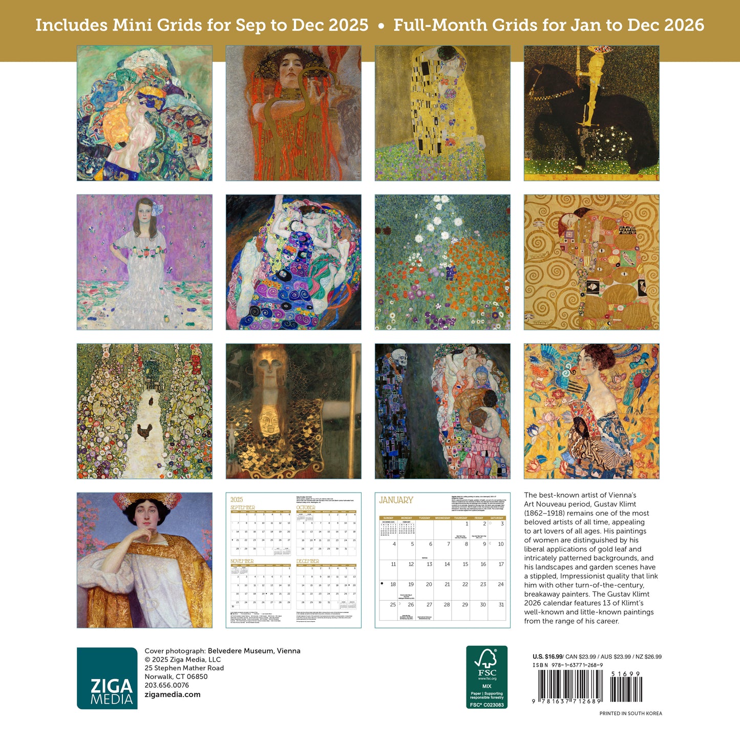2026 calendar with masterpieces by Gustav Klimt