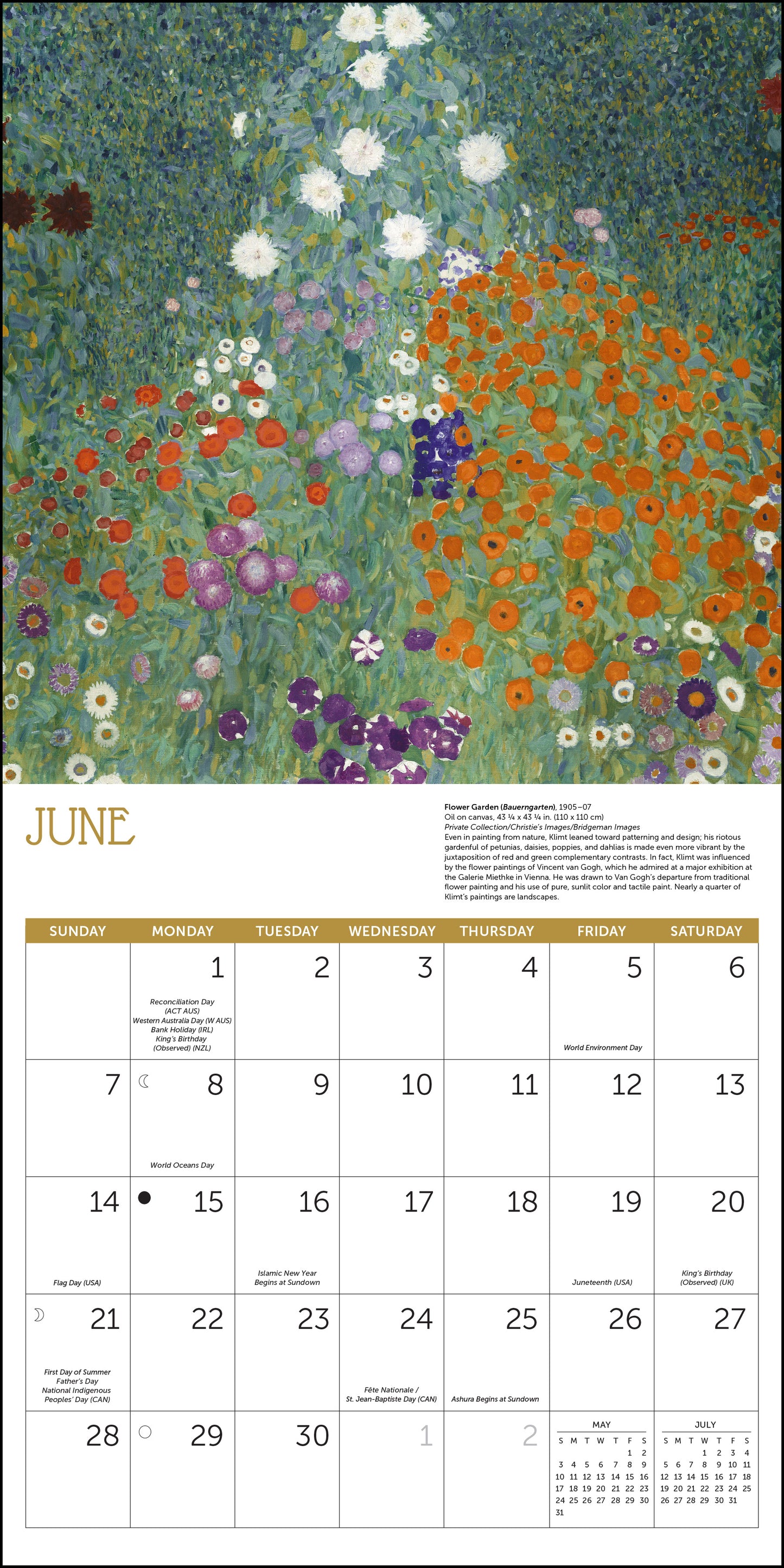 Monthly 2026 calendar featuring Gustav Klimt’s artwork