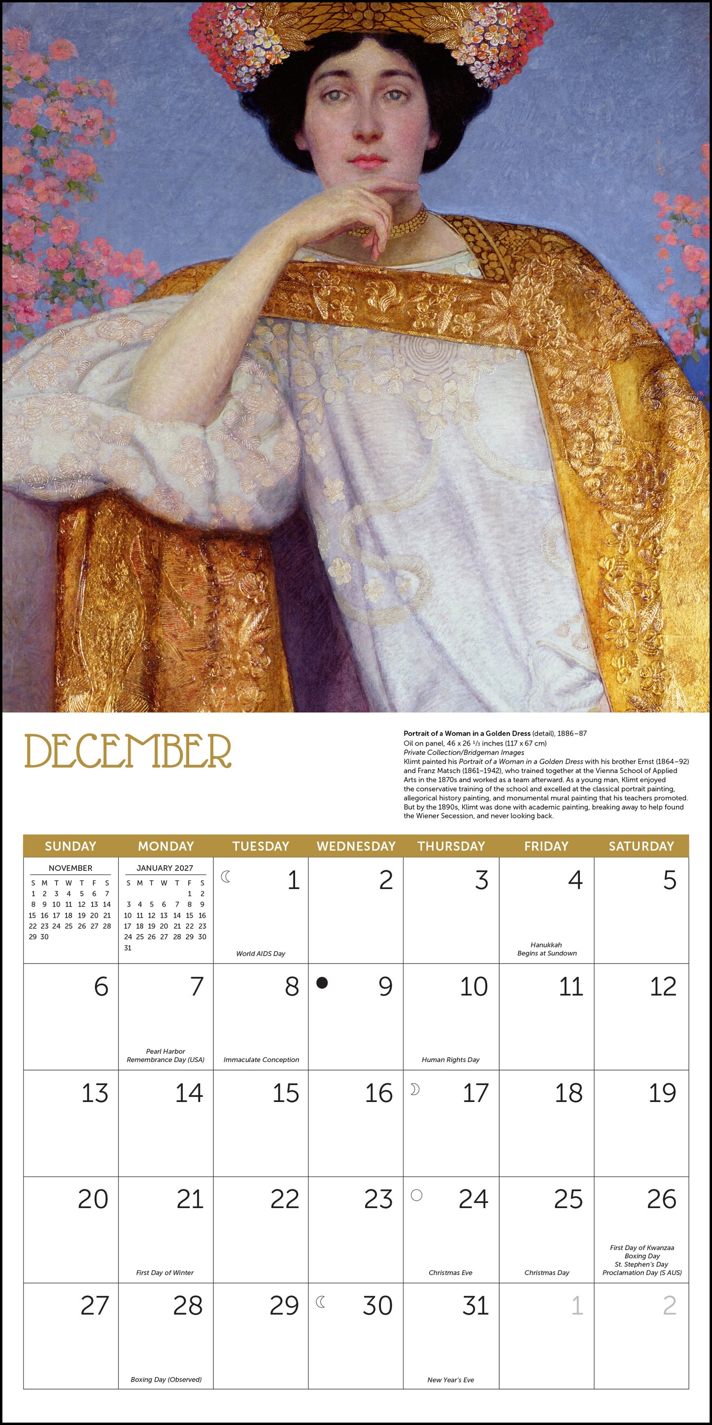 Art calendar with Gustav Klimt paintings for each month of 2026
