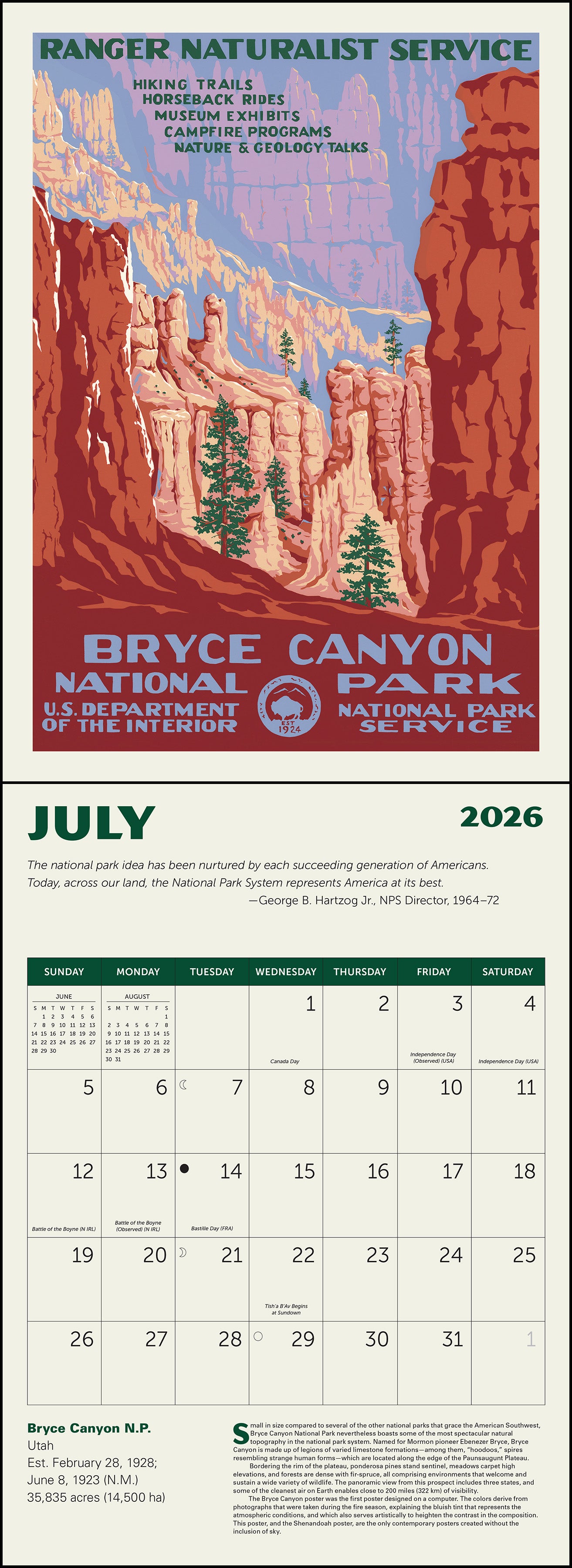Monthly 2026 calendar with WPA-style National Parks posters