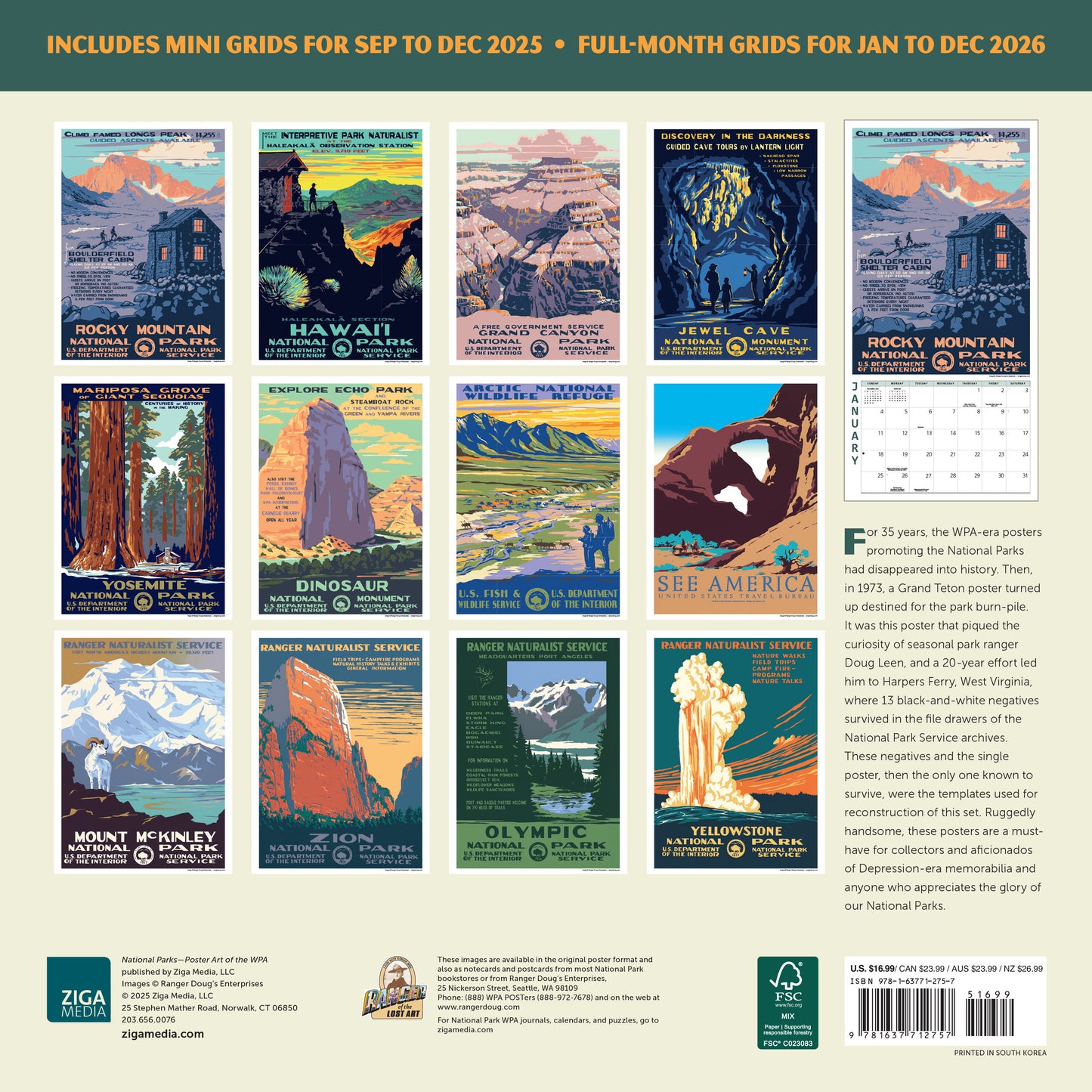 2026 wall calendar showcasing retro National Parks illustrations