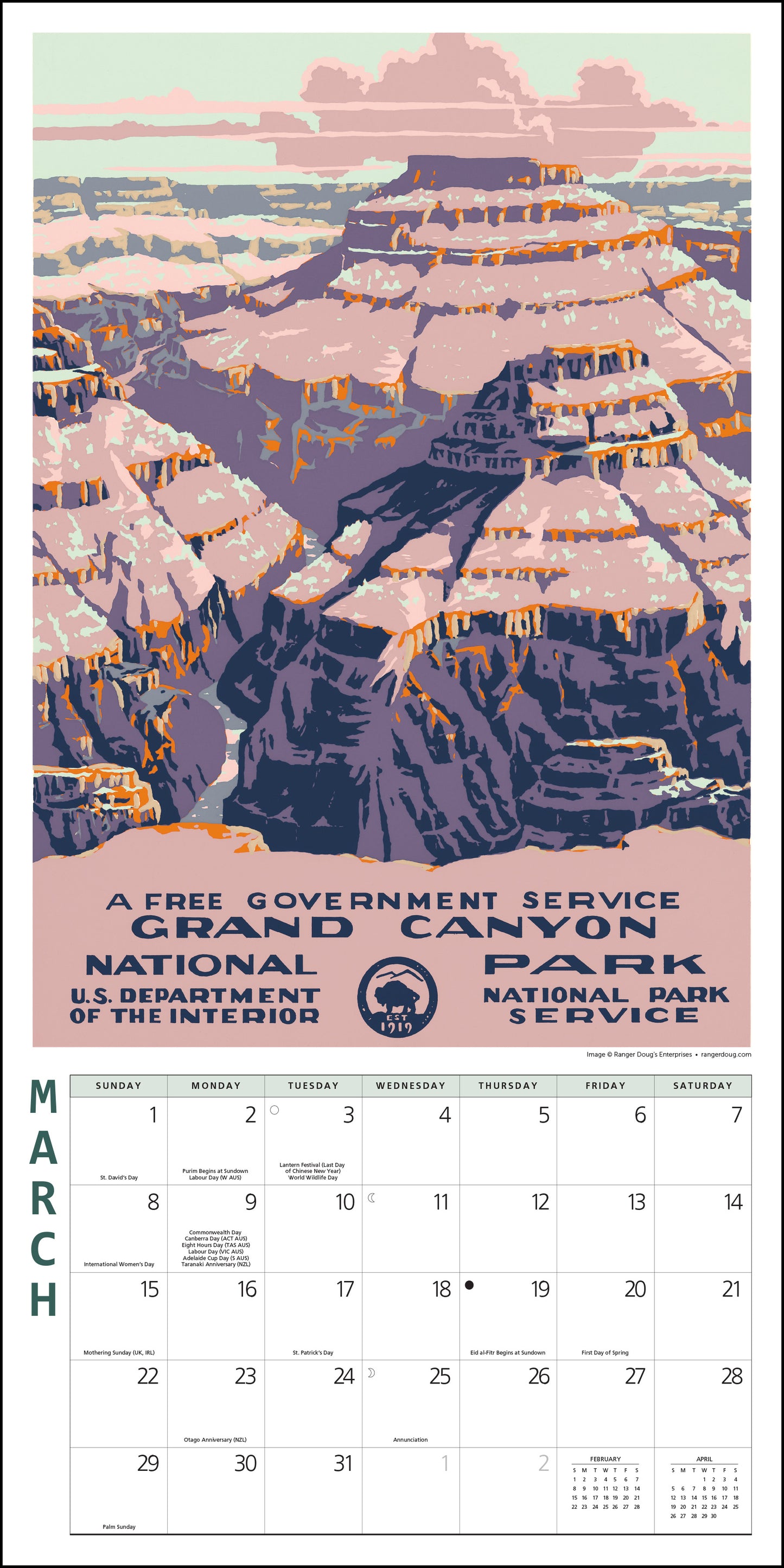 Monthly 2026 calendar featuring vintage National Parks posters