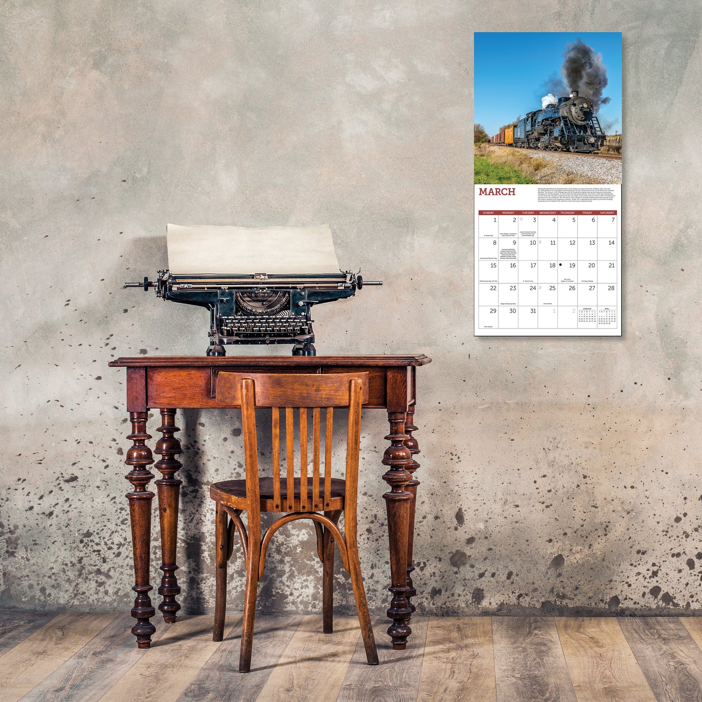 Railroad-themed 2026 calendar with historic trains