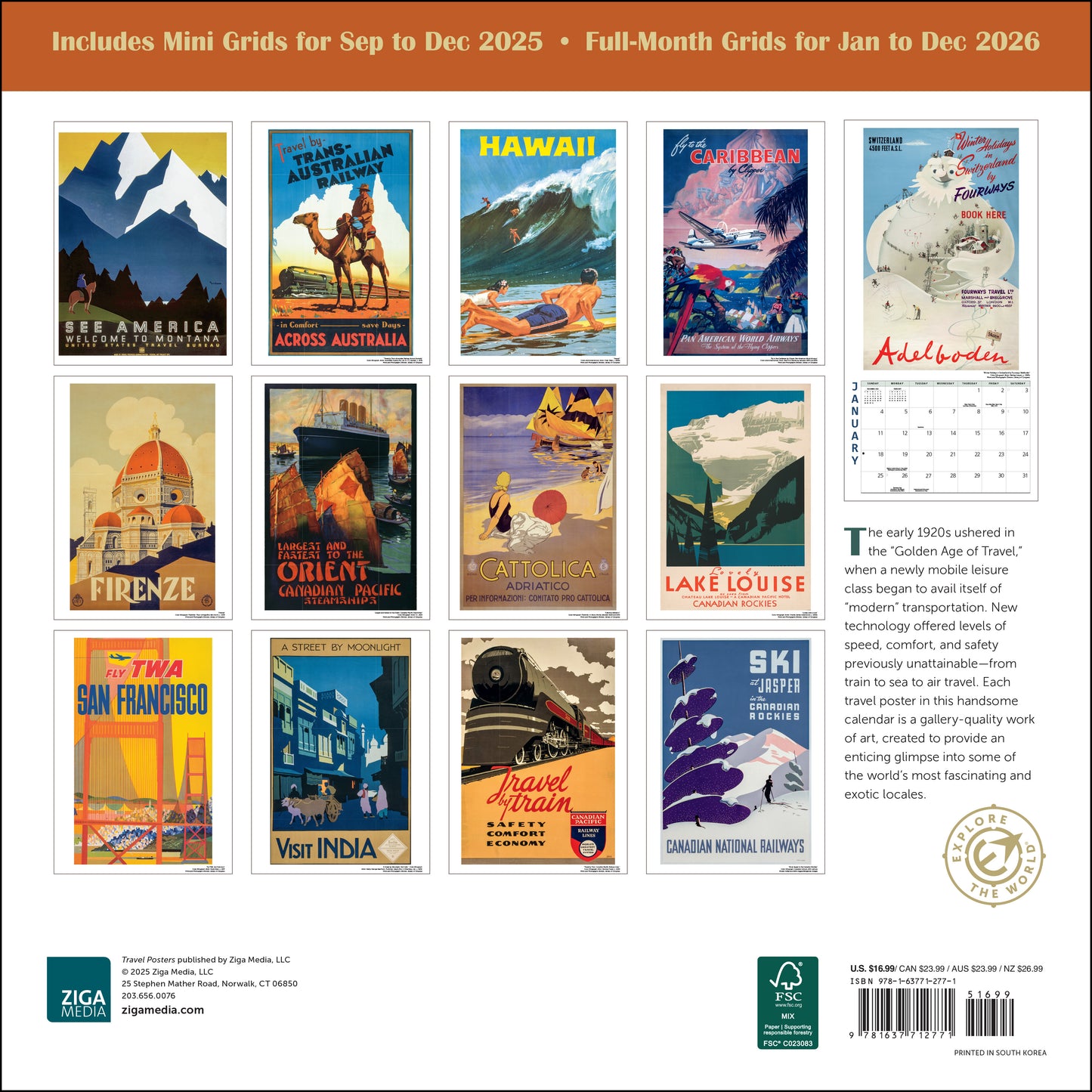 2026 wall calendar featuring classic travel illustrations