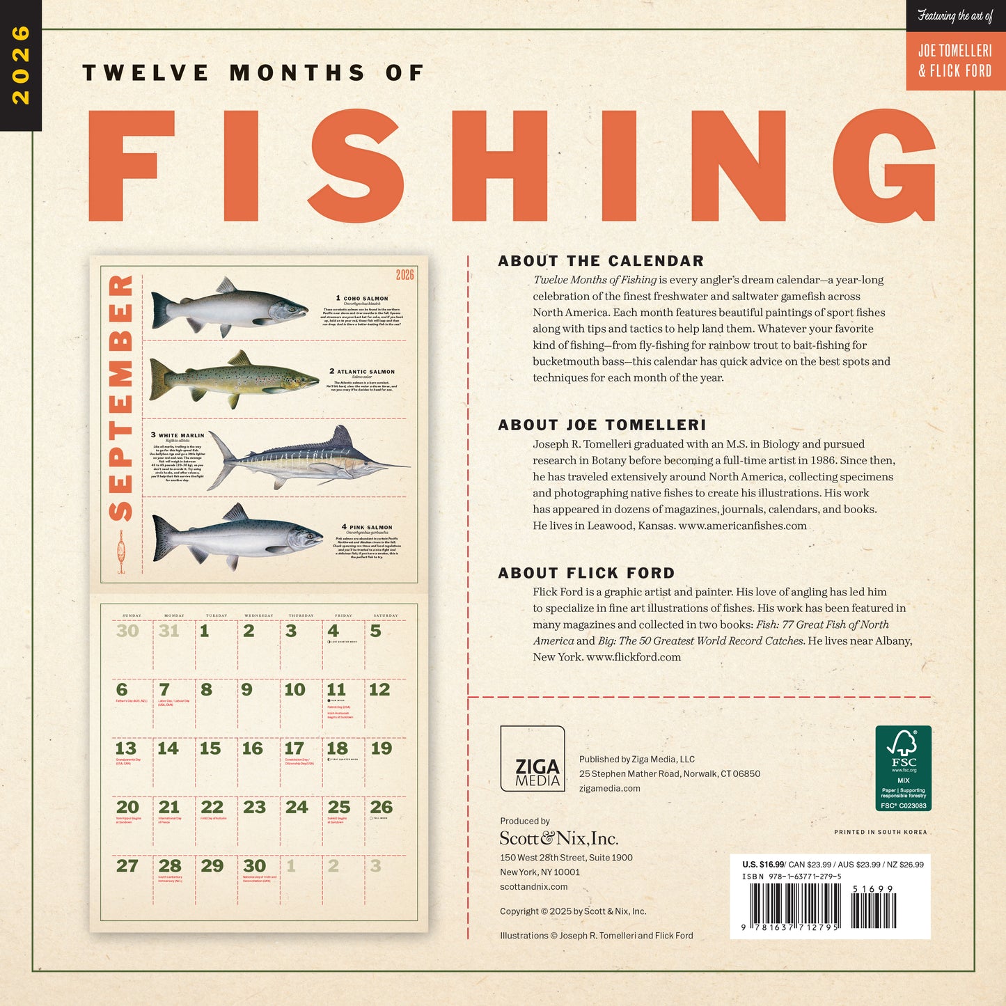 Monthly fishing scenes in 2026 wall calendar