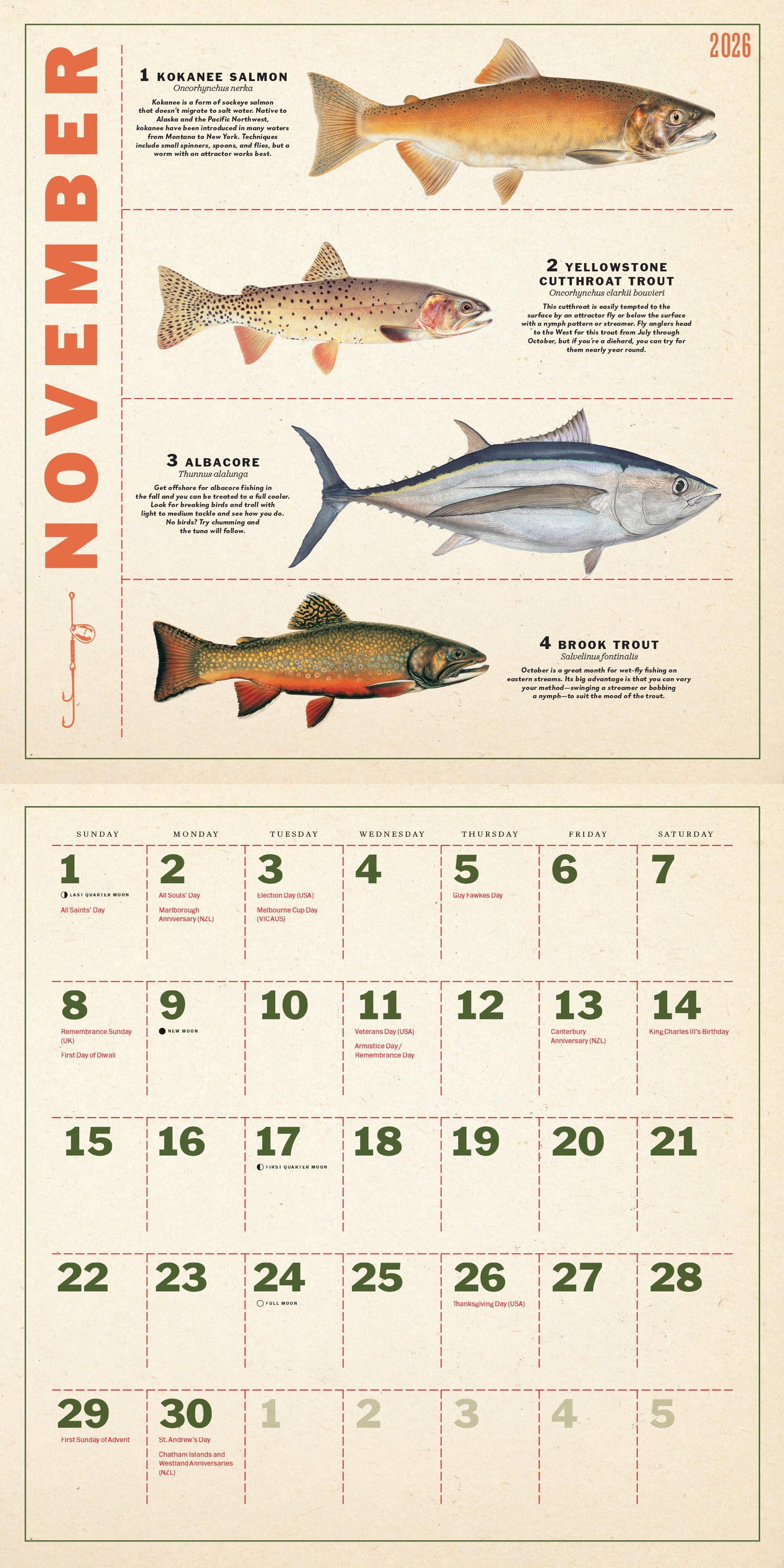 Fishing-themed 2026 monthly wall calendar