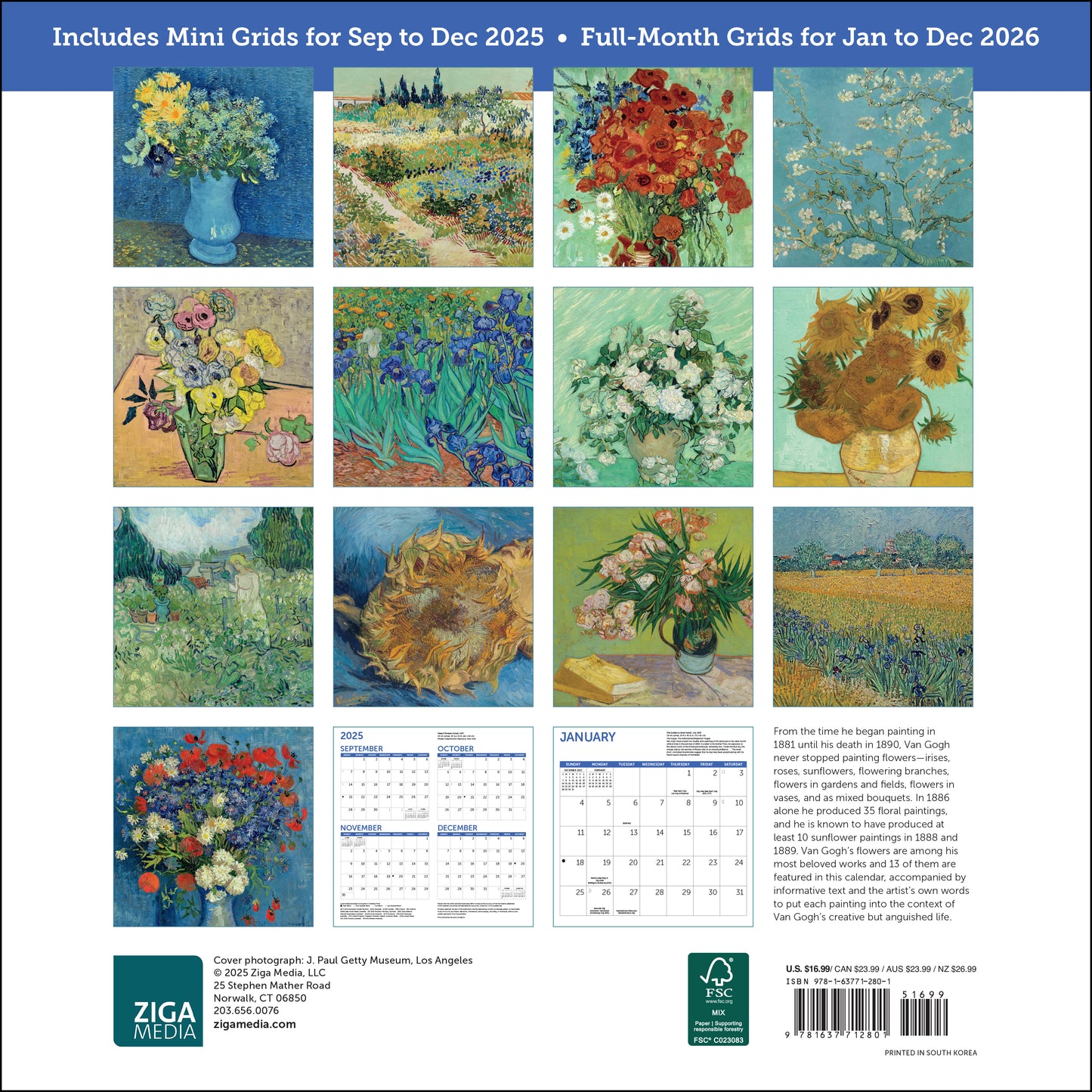 Van Gogh flower artwork in 12-month 2026 calendar