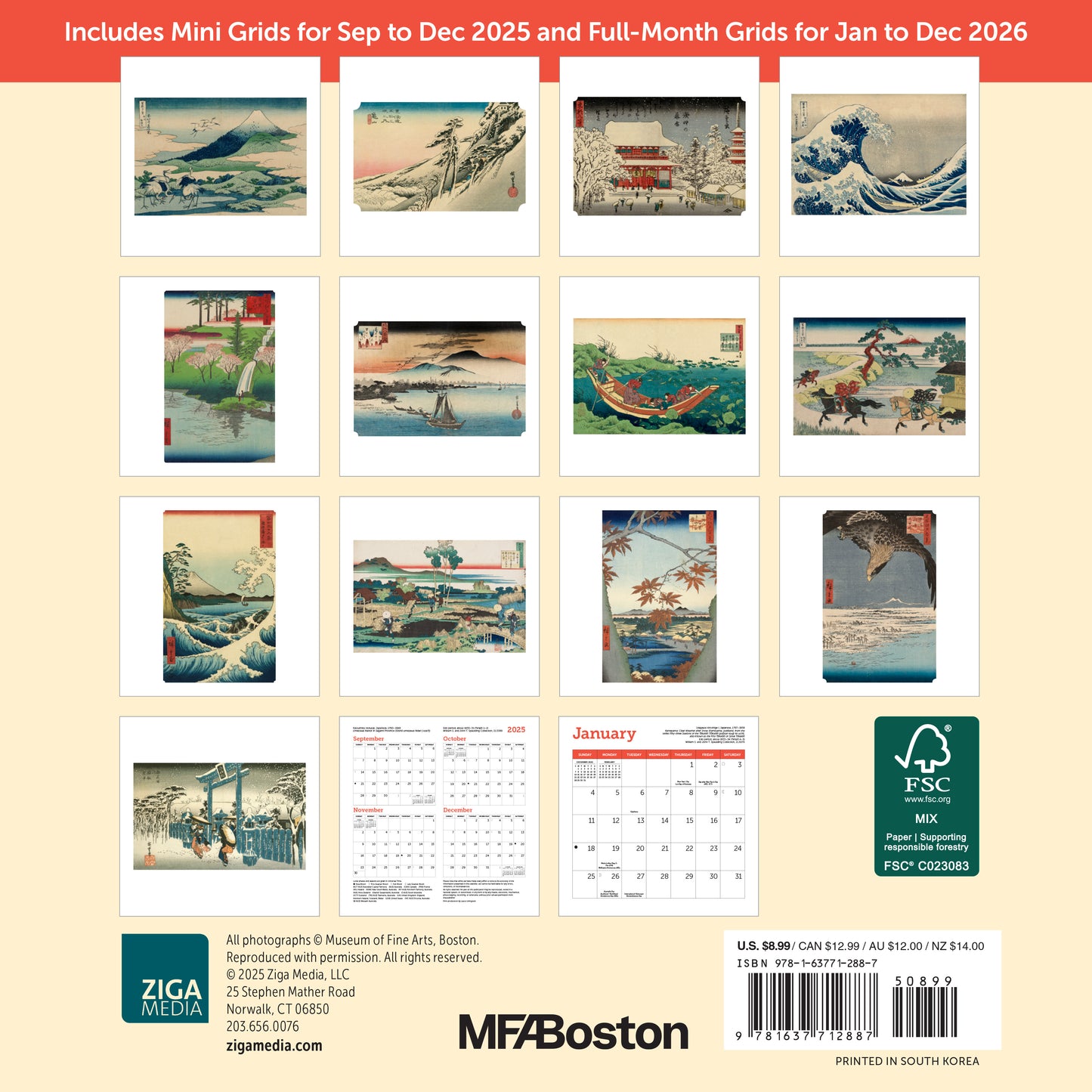 Small 2026 wall calendar with woodblock art from MFA