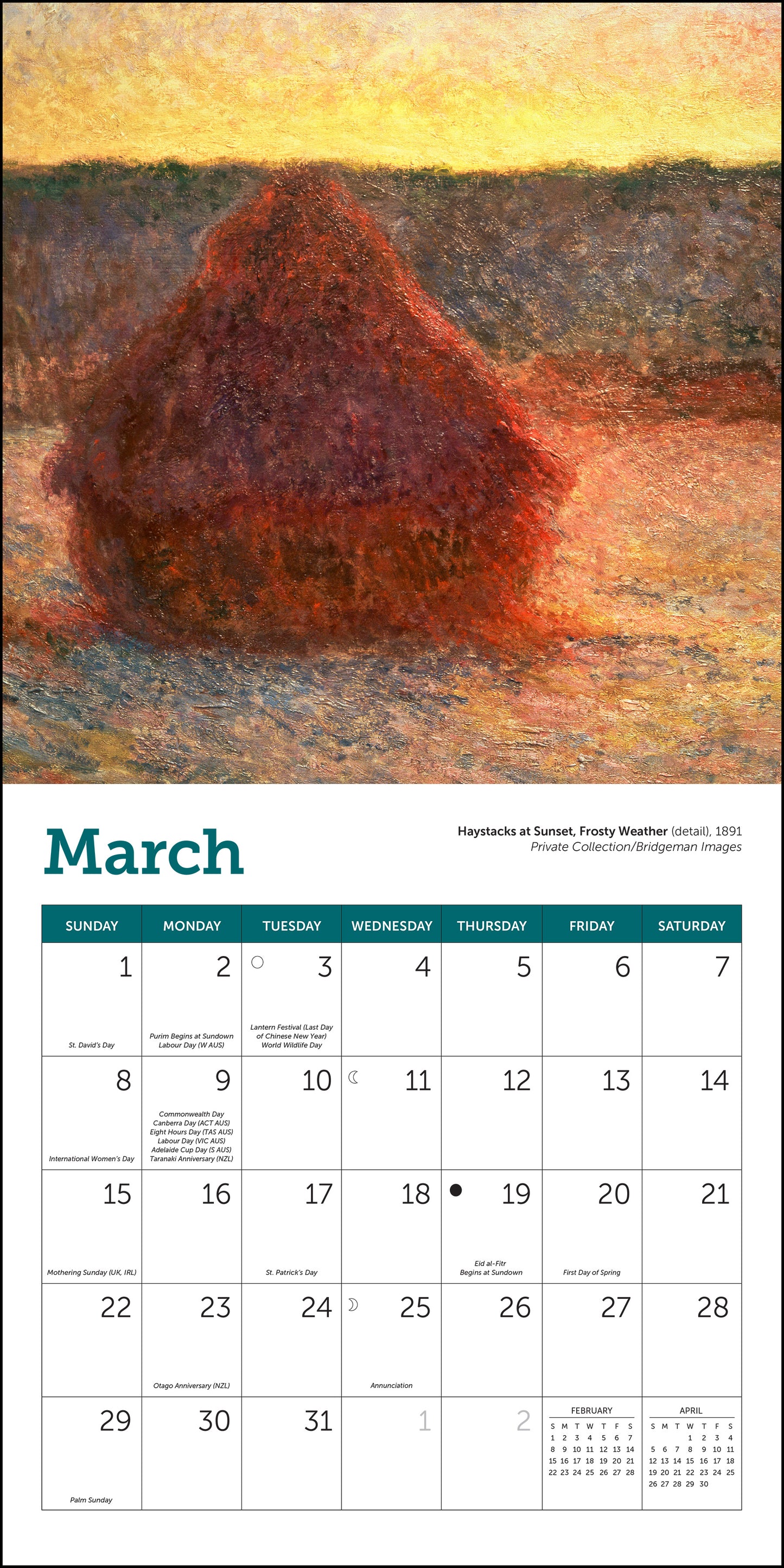 Mini wall calendar with Monet artwork for 2026