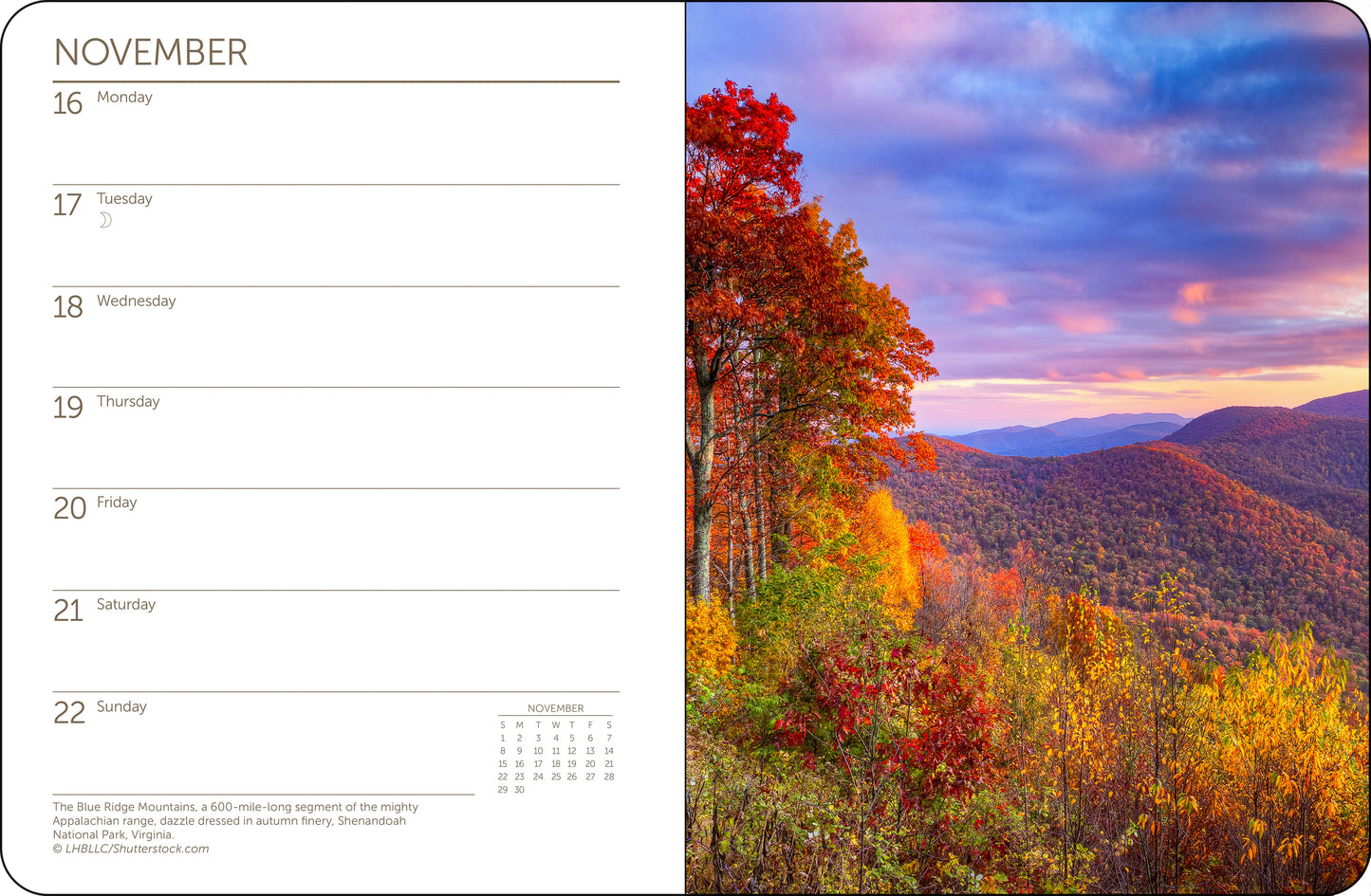 2026 calendar with scenic park photography and weekly spreads