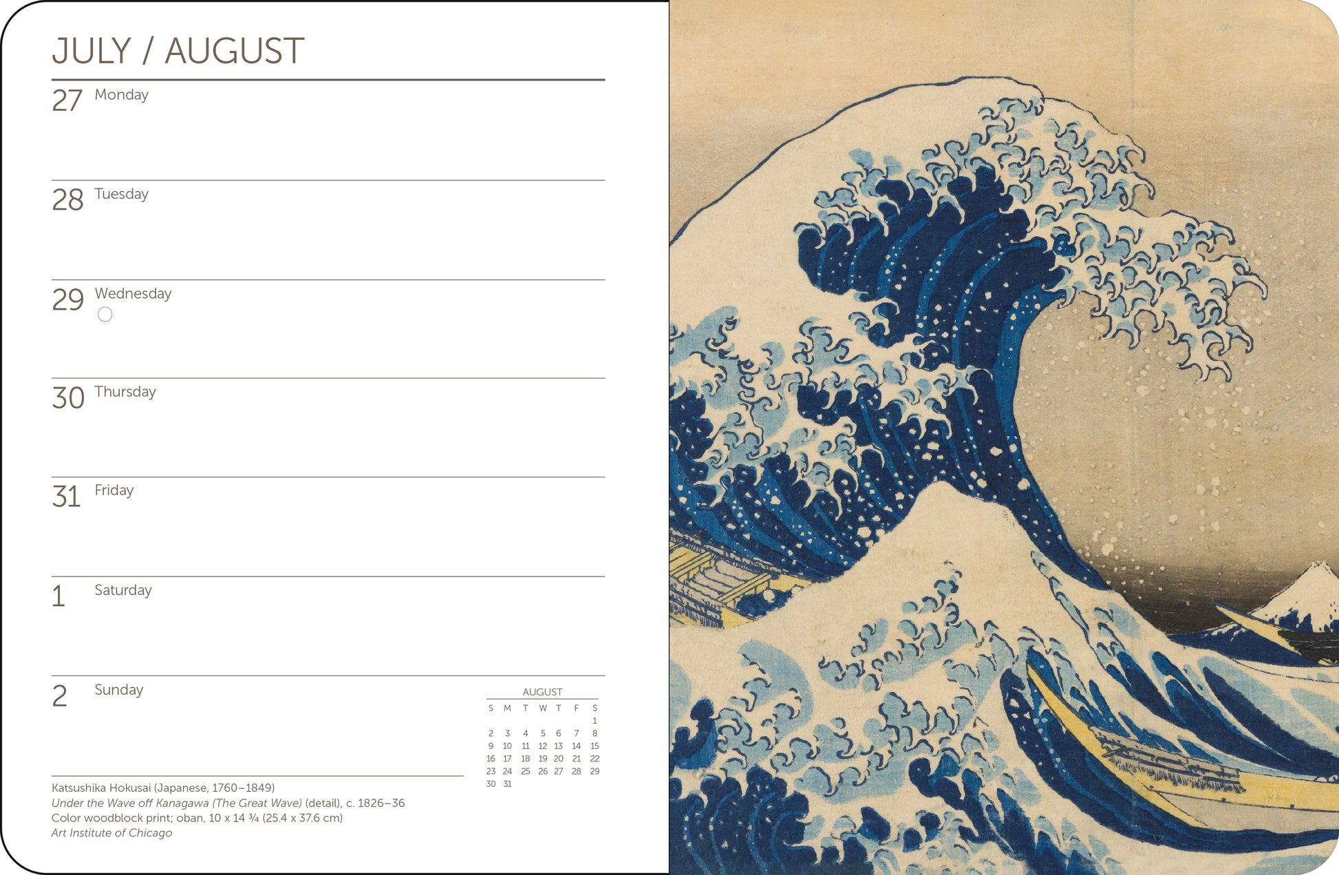 Spiral-bound engagement calendar with famous art images for each week
