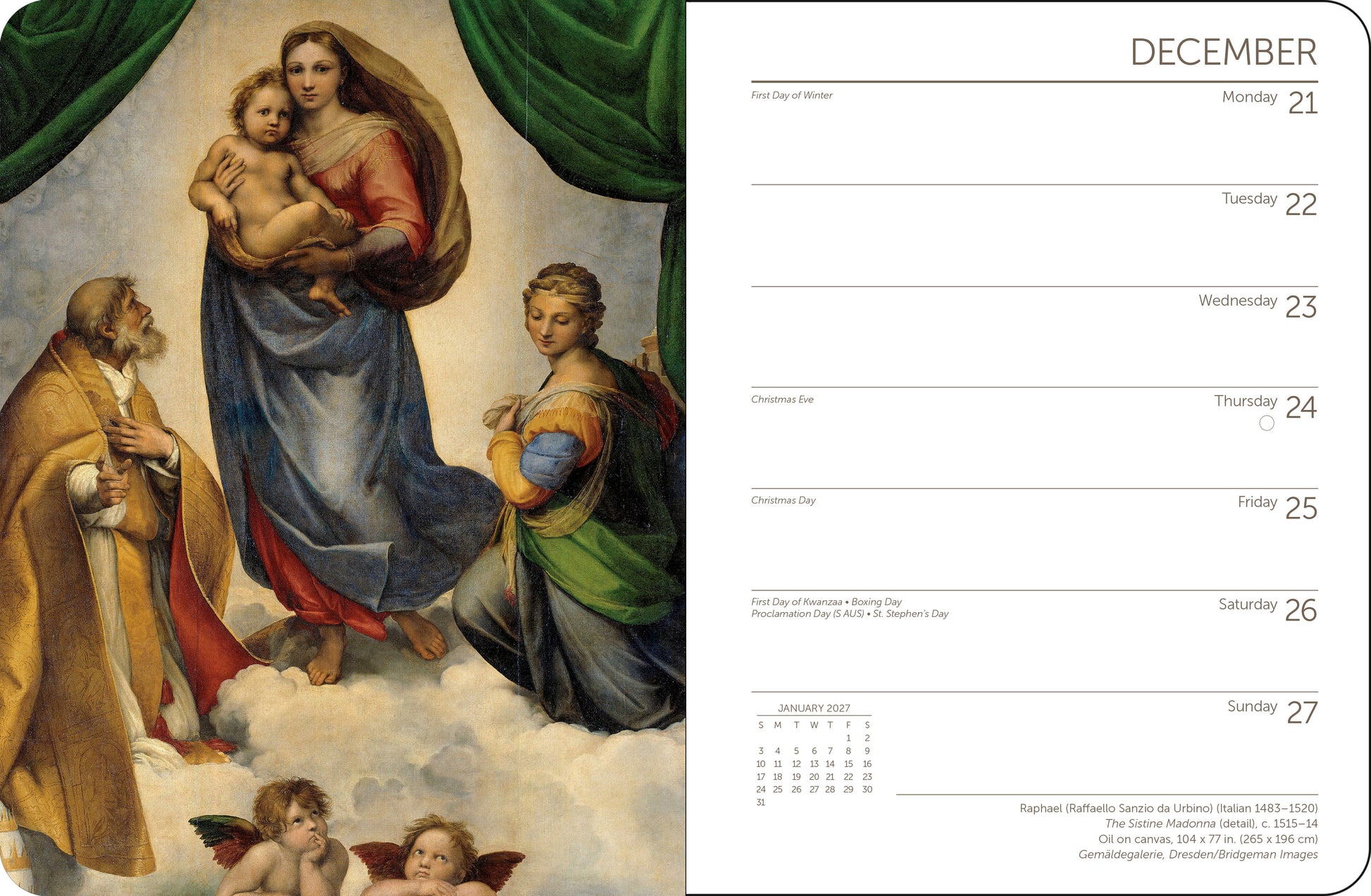 Art Icons 2026 calendar with weekly views and inspirational visuals