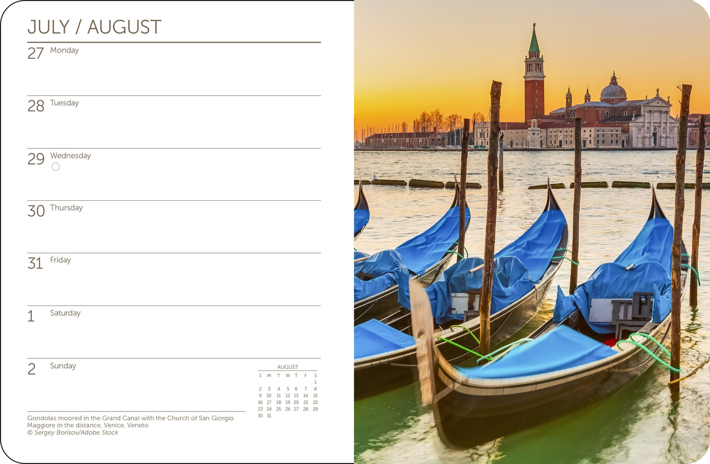 Interior page with photograph of Italian coastline and weekly planner view