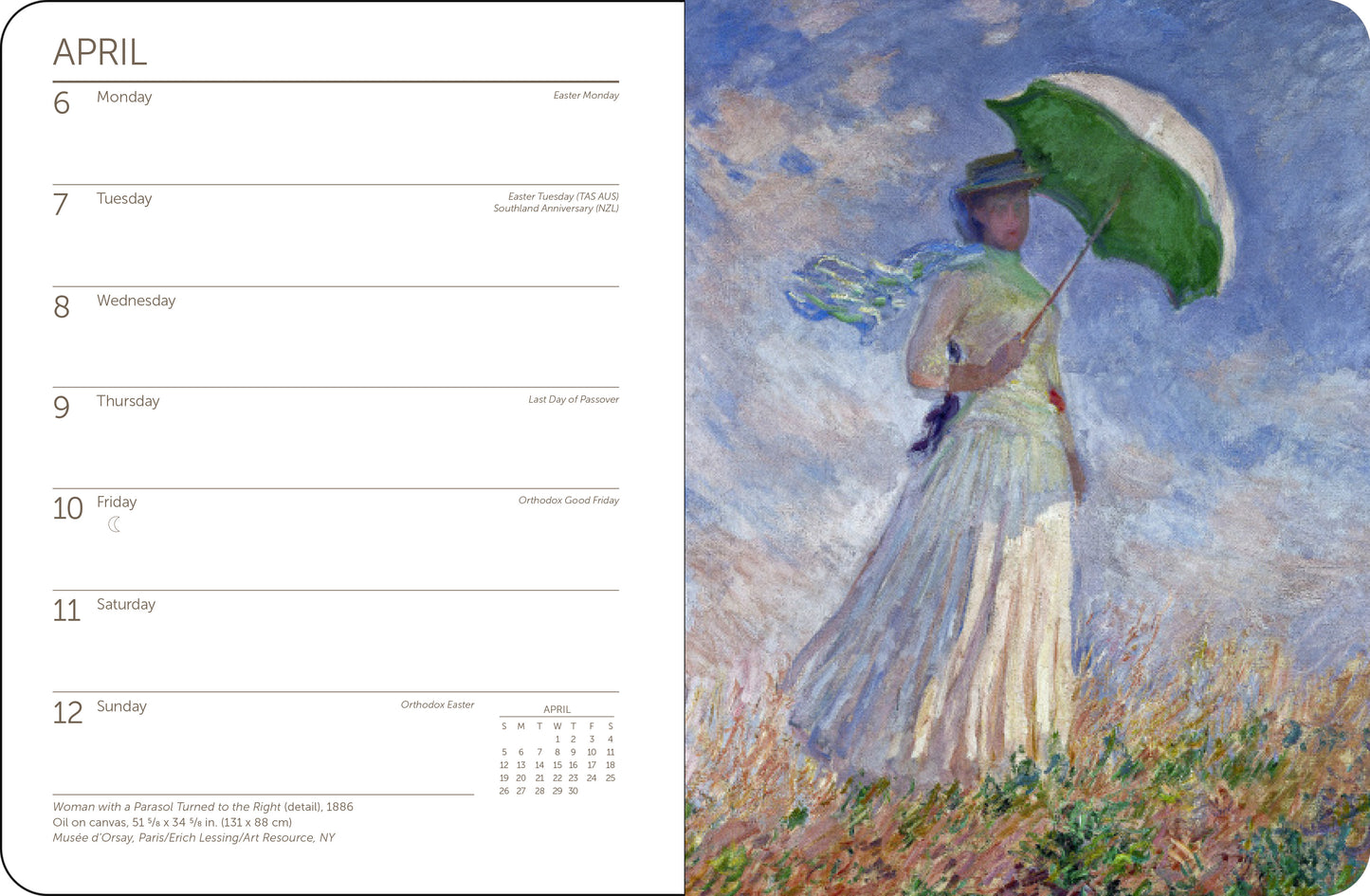 Close-up of Monet calendar showing famous art and monthly tabs