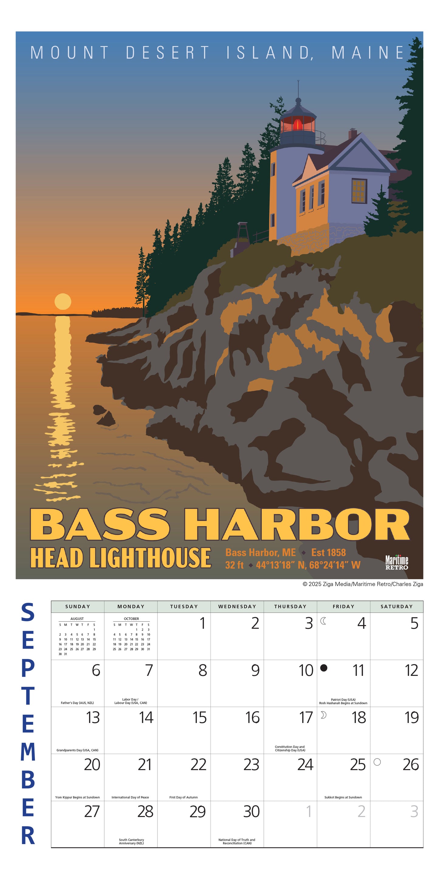 Mini wall calendar with vintage lighthouse posters