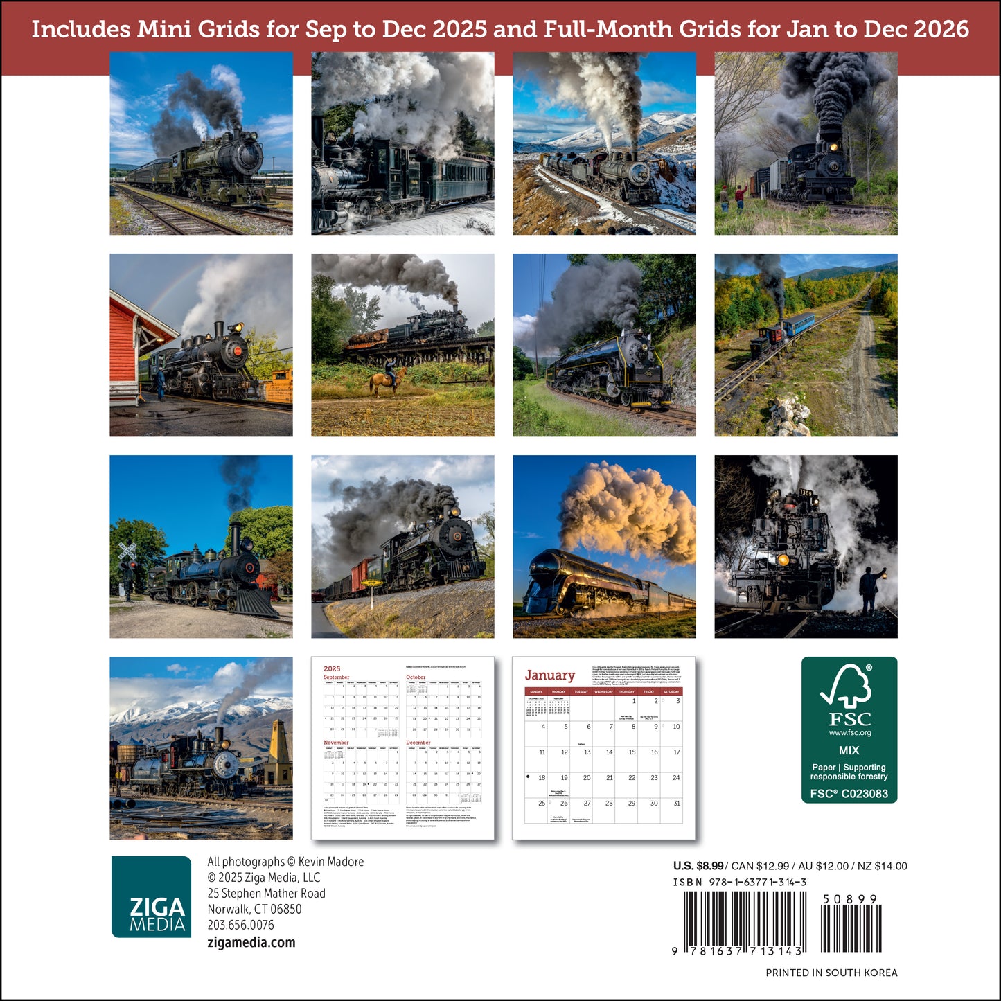 Small 2026 calendar with historic steam train images