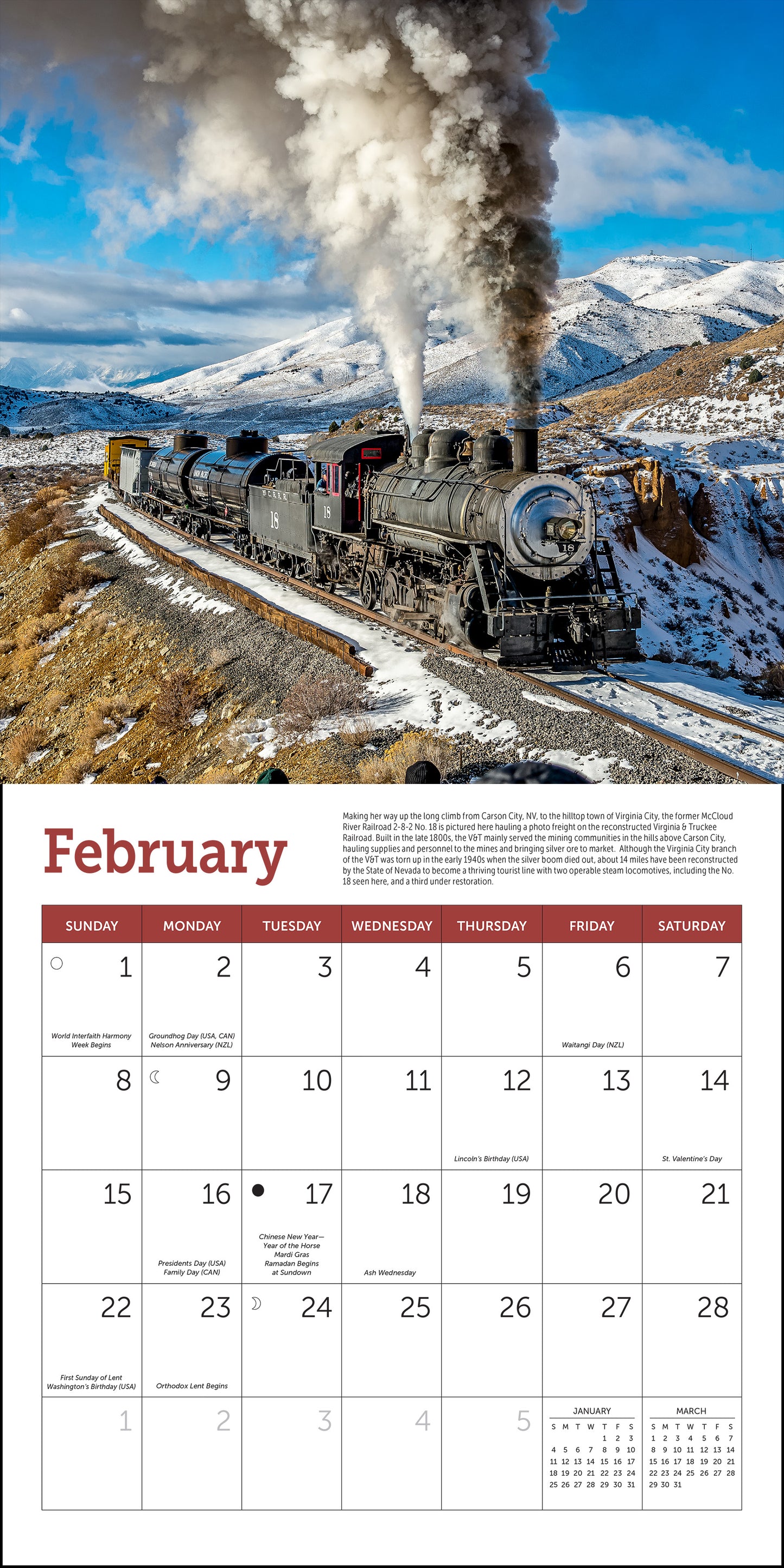 Mini wall calendar featuring vintage steam trains