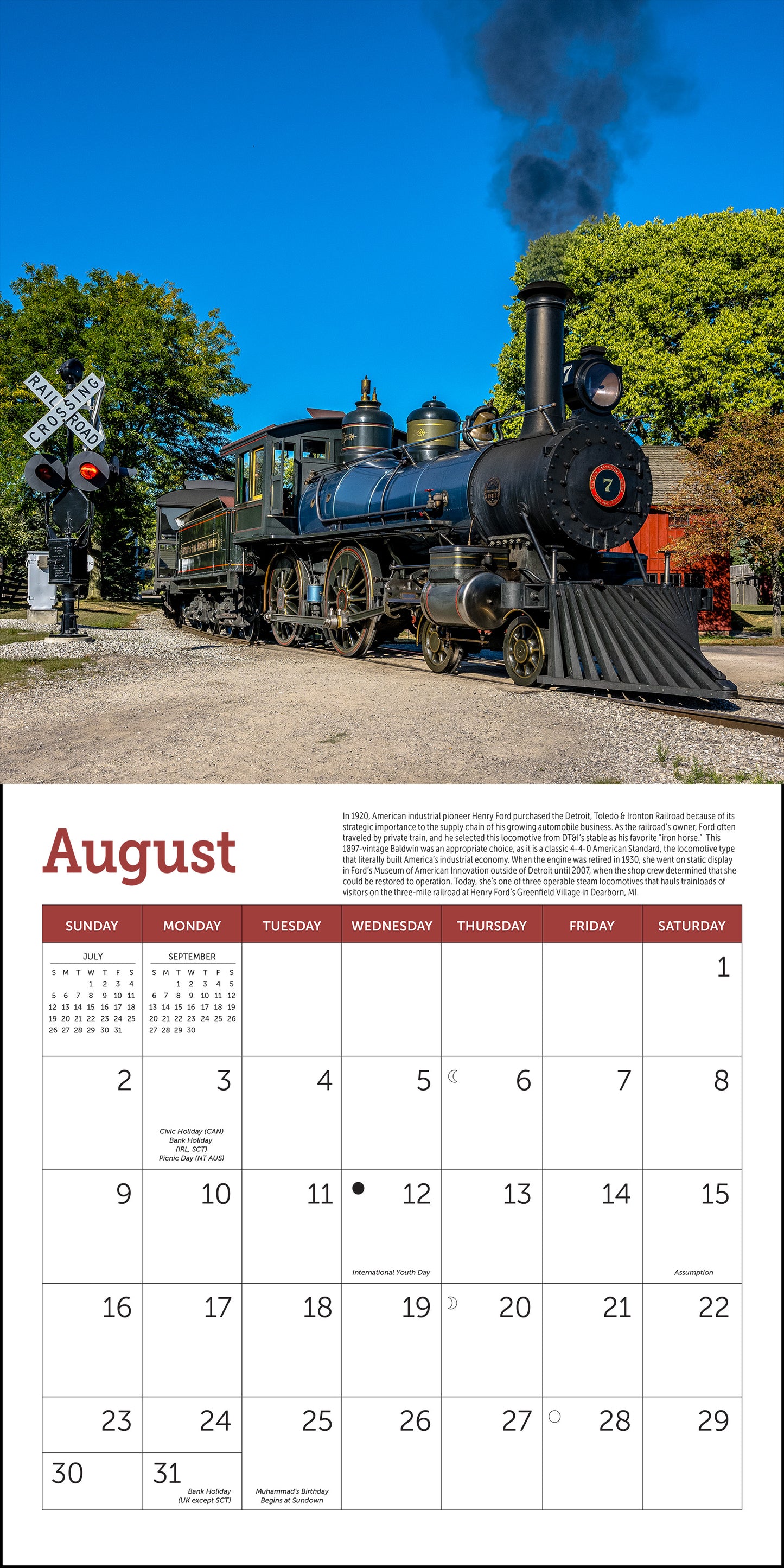 2026 calendar with classic steam train photography