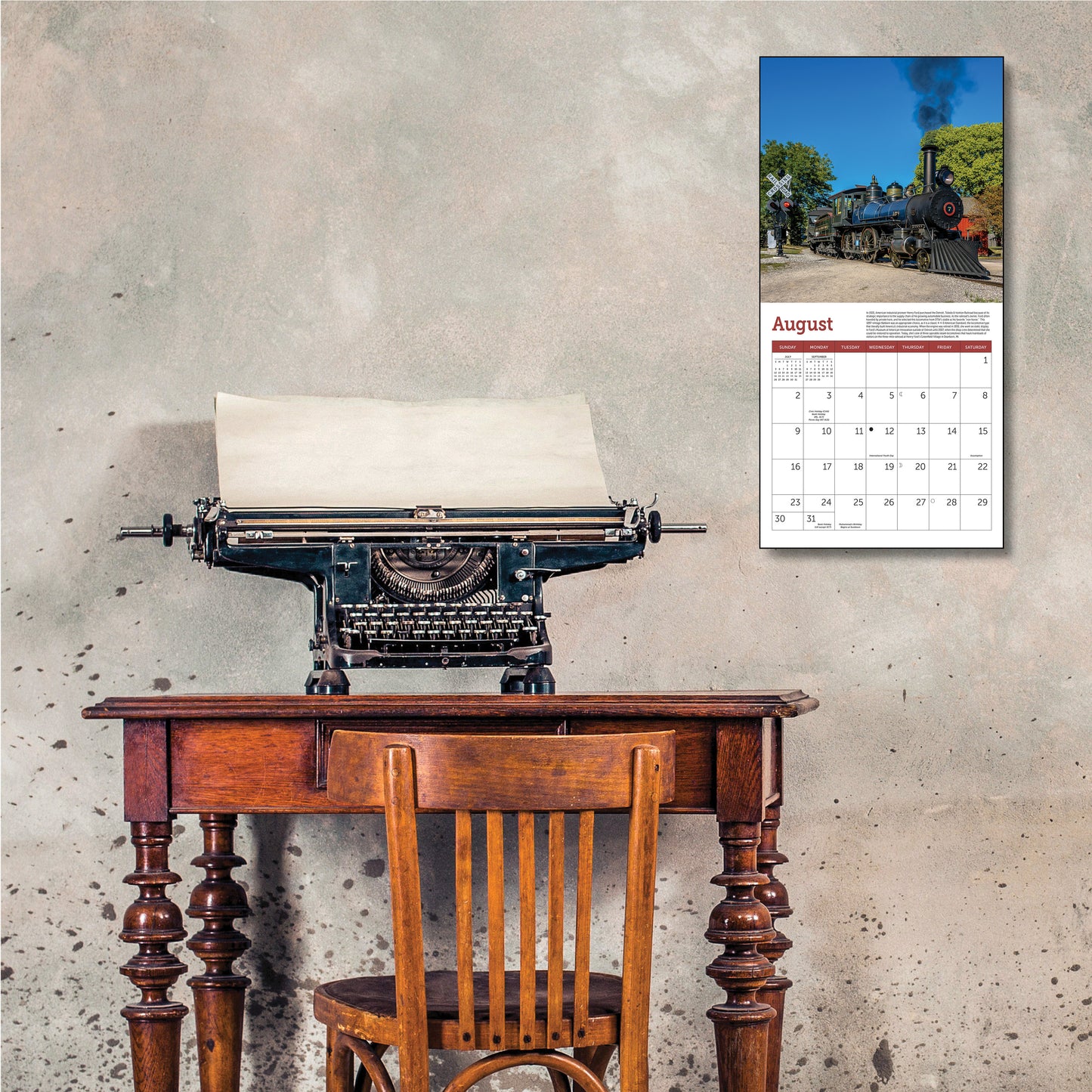 Compact 7" x 7" calendar showcasing steam locomotives