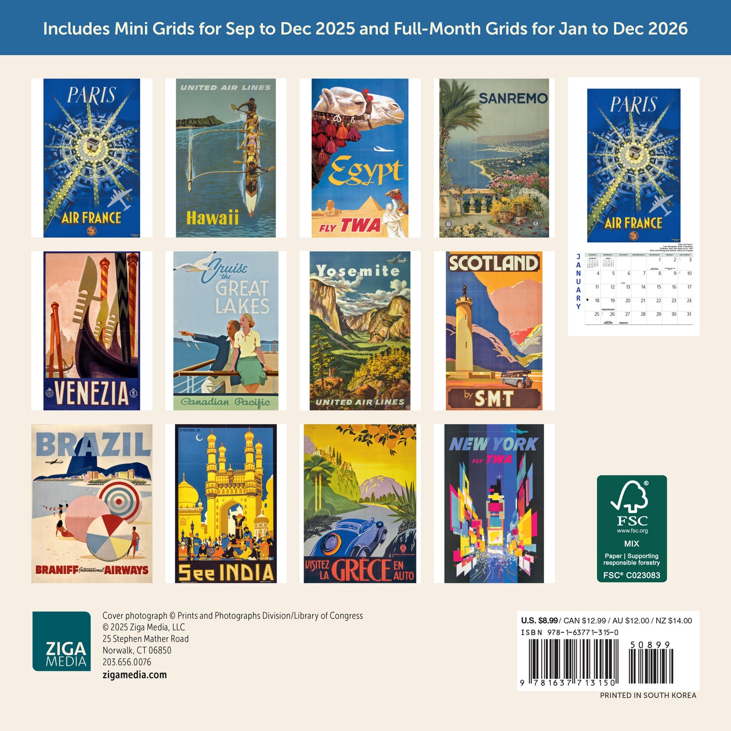 Small 2026 calendar showcasing famous travel locations