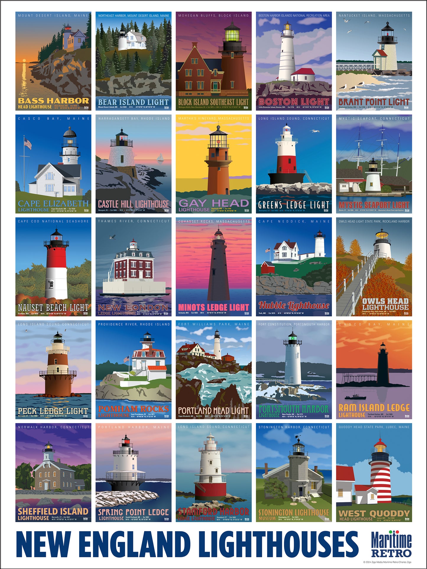 New England Lighthouses Print