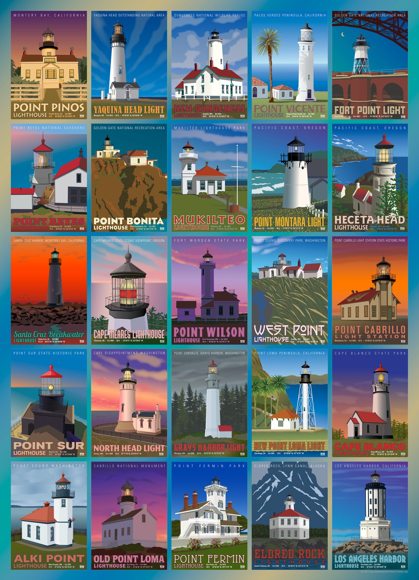 Pacific Coast Lighthouses 1000 or 500 Piece Puzzle