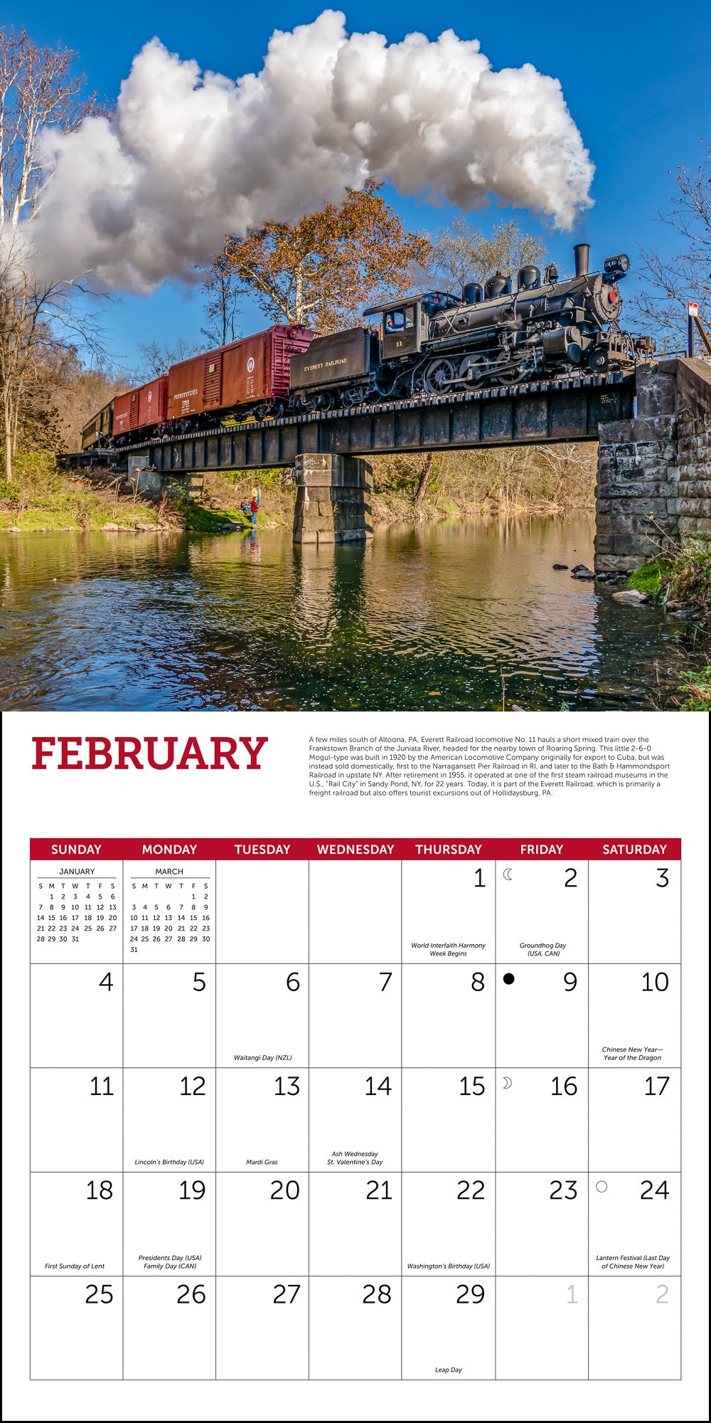 Steam Trains Wall Calendar 2024, Monthly January-December 12'' x 12"