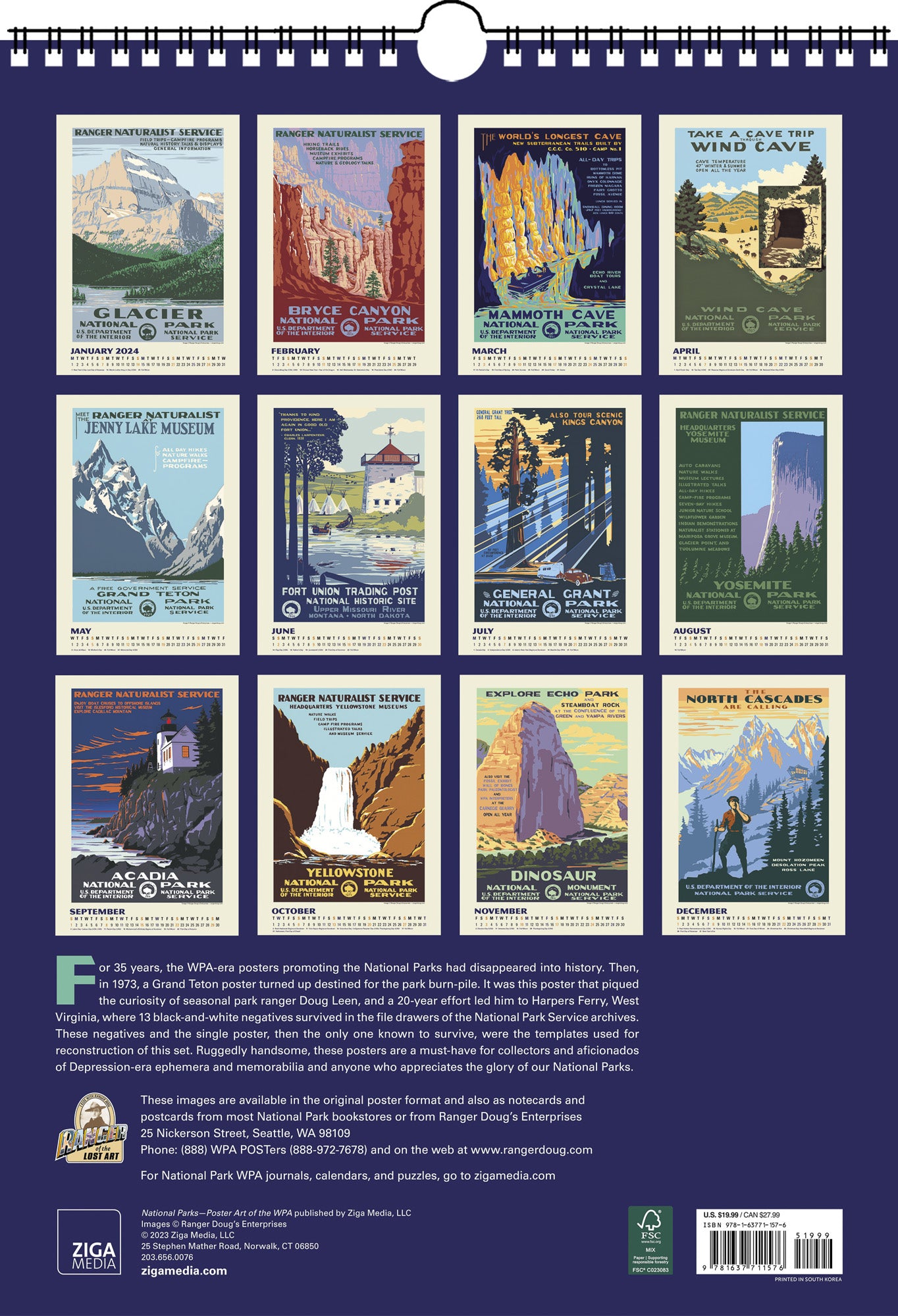 National Parks Poster Art of The WPA Oversize Wall Calendar 2024, 13.38'' x 19'' Spiral Bound with Hanger