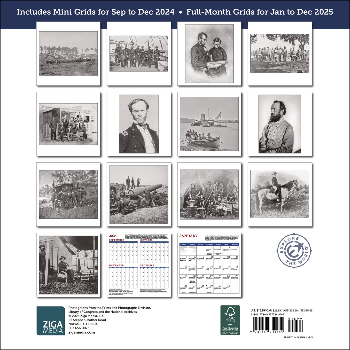 Civil War Day-By-Day Chronology Wall Calendar 2025, Monthly January-December 12'' x 12"