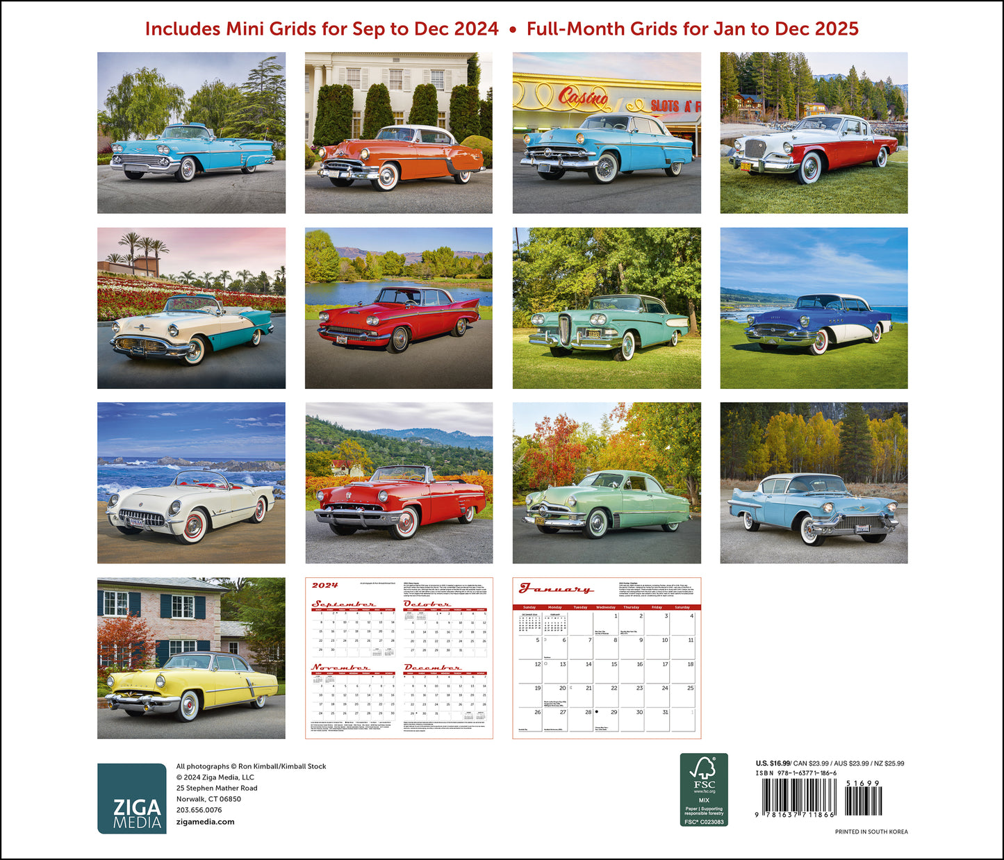 Classic Cars Wall Calendar 2025, Monthly January-December 14'' x 12"