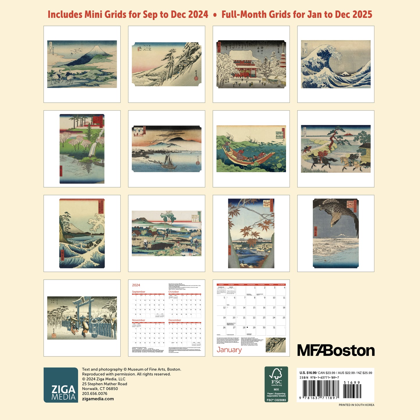 MFA, Boston, Japanese Woodblocks Wall Calendar 2025, Monthly January-December 12'' x 12"