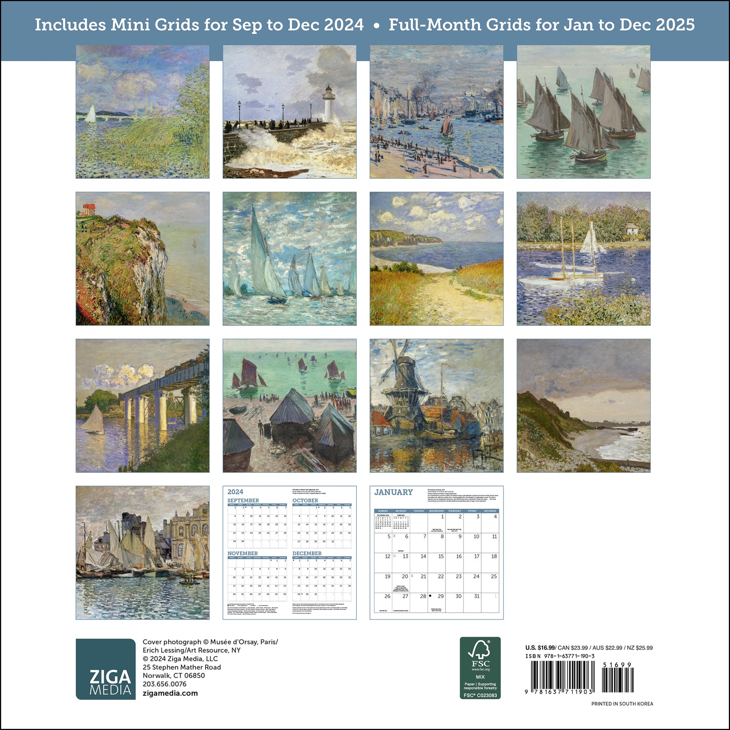 Monet At Sea Wall Calendar 2025, Monthly January-December 12'' x 12"