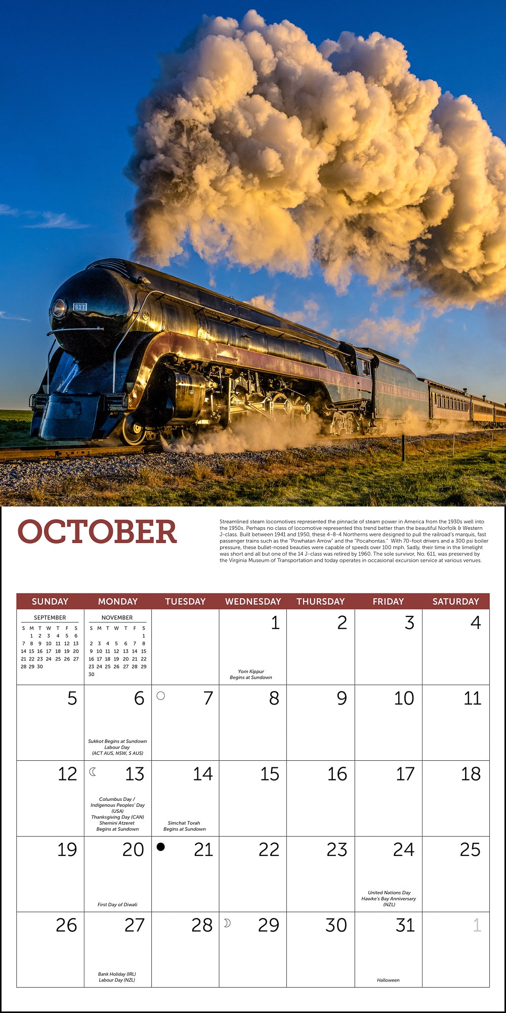 Steam Trains Wall Calendar 2025, Monthly January-December 12'' x 12"