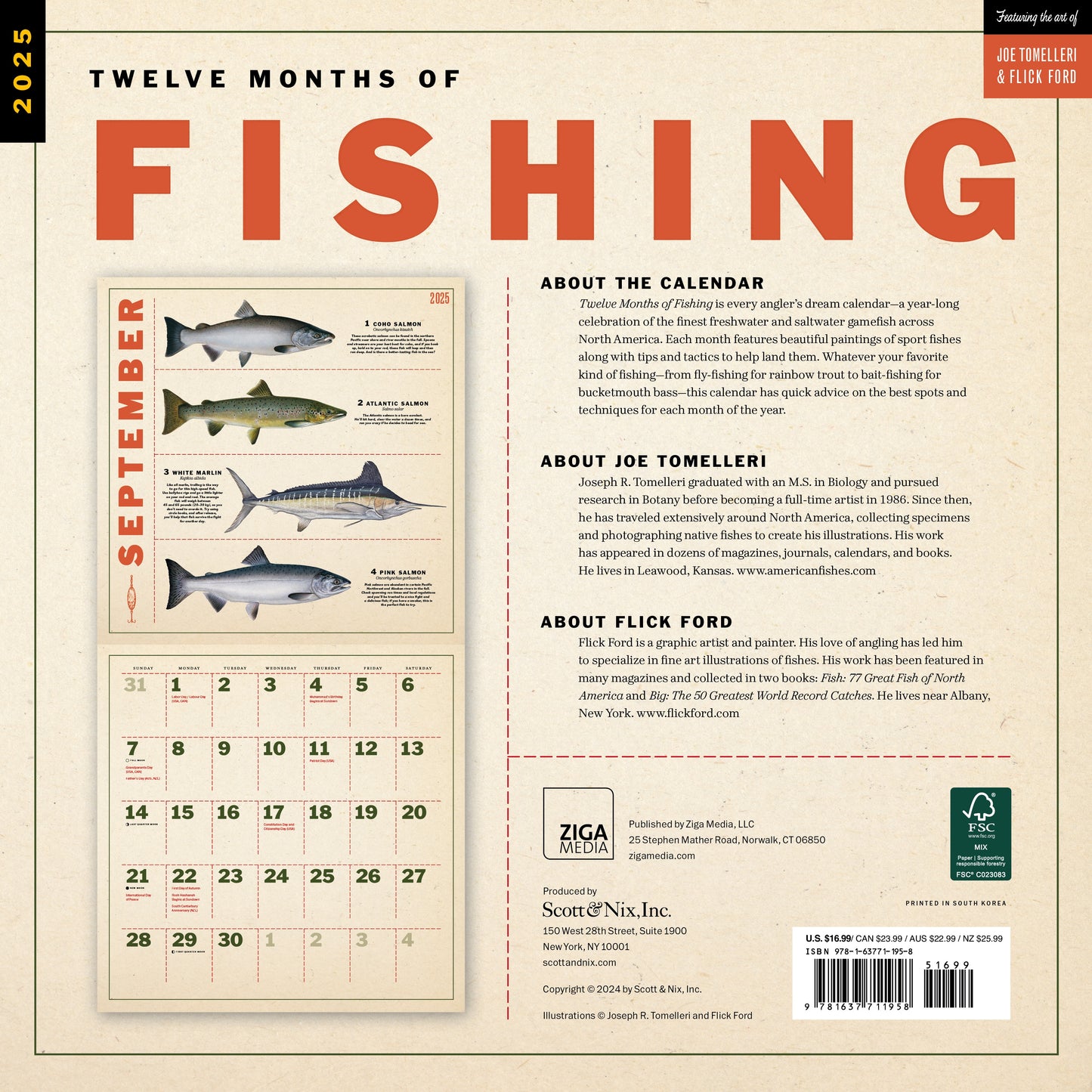 Twelve Months of Fishing Wall Calendar 2025, Monthly January-December 12'' x 12"