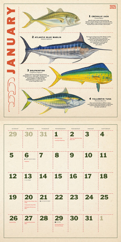 Twelve Months of Fishing Wall Calendar 2025, Monthly January-December 12'' x 12"