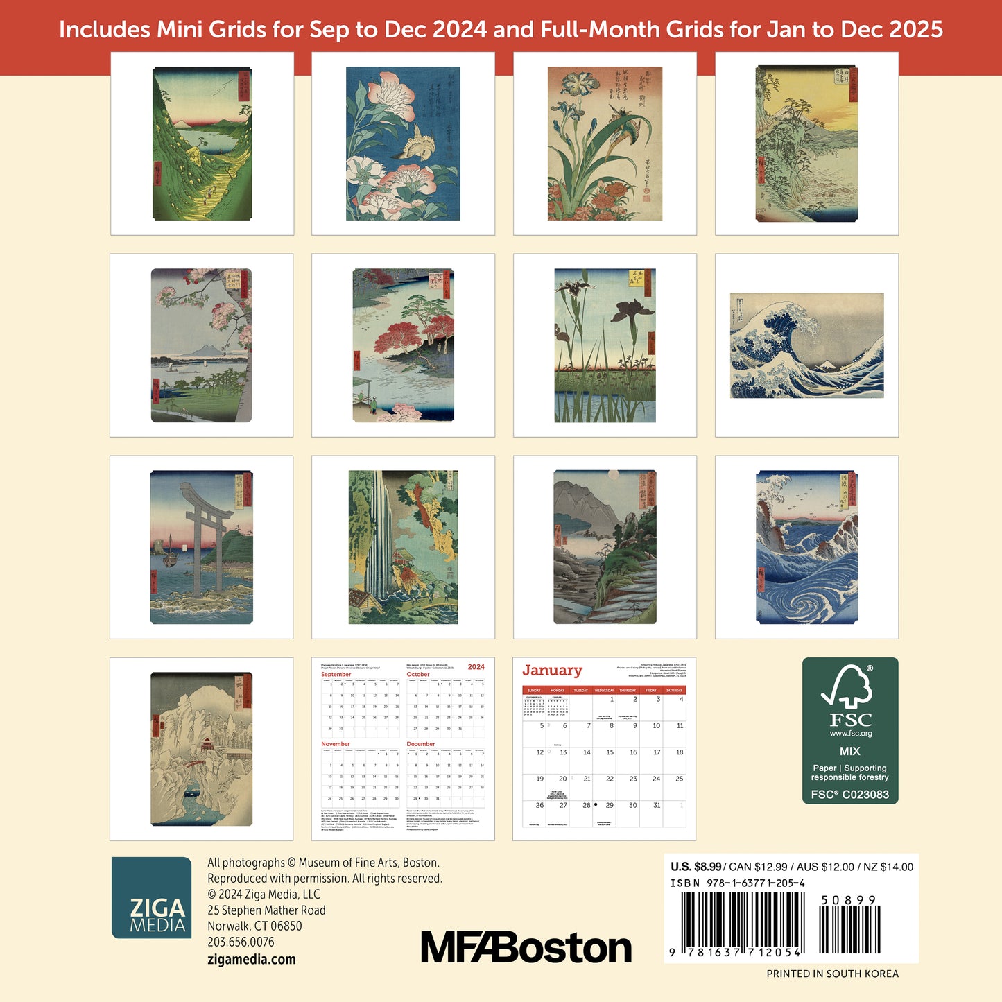 MFA, Boston, Japanese Woodblocks Mini Wall Calendar 2025, 7" x 7"